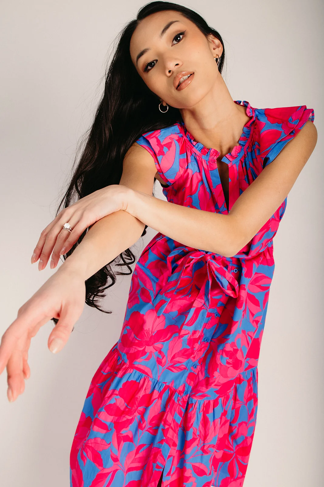 The Charlotte Floral Button-Up Midi Dress in Pink + Blue - Image 4