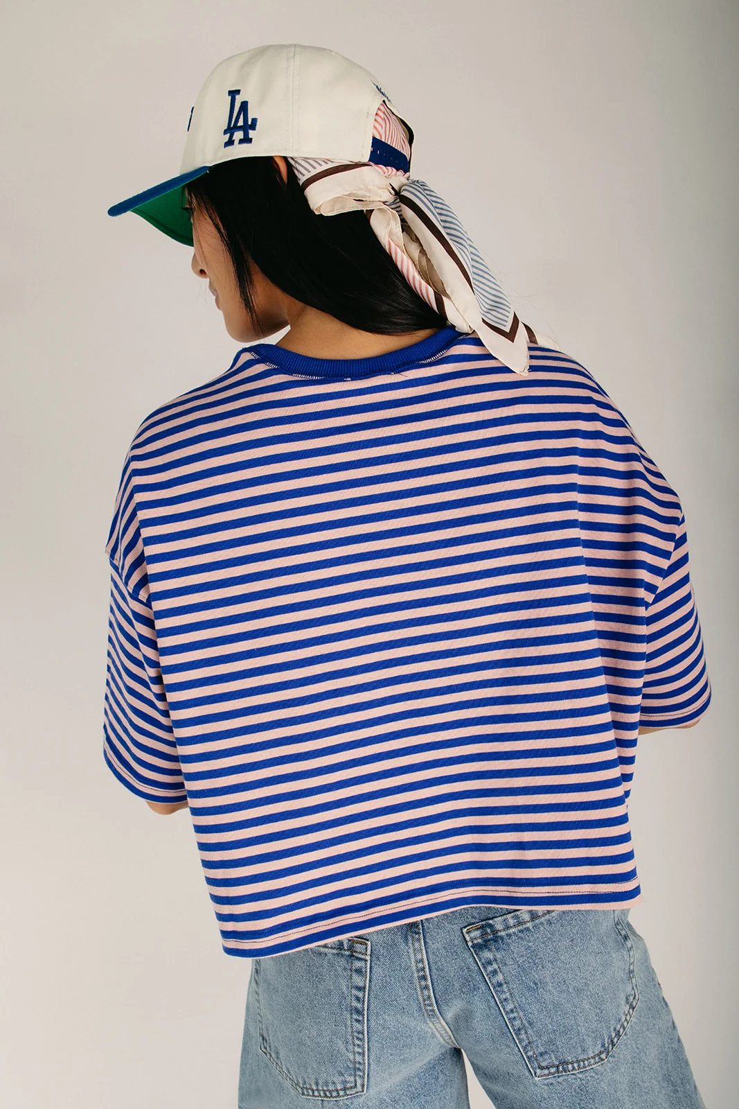 The Christy Striped Tee in Blue + Light Pink - Image 2