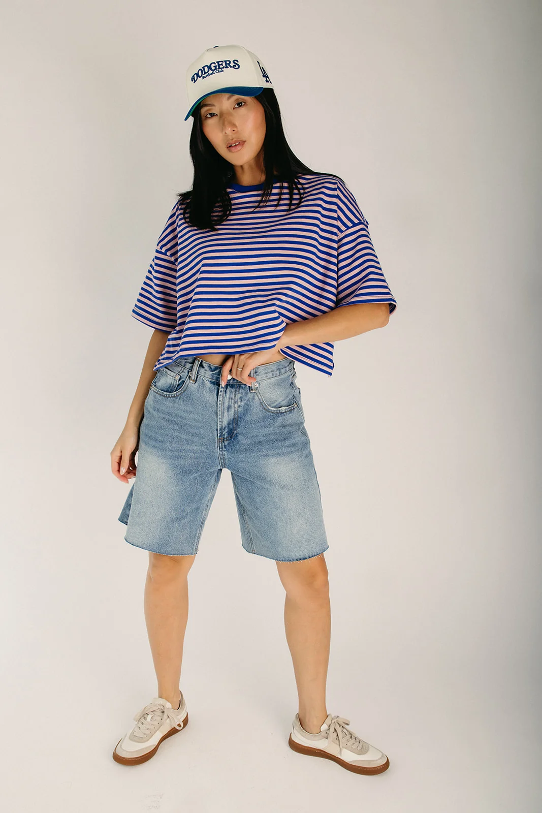 The Christy Striped Tee in Blue + Light Pink - Image 3