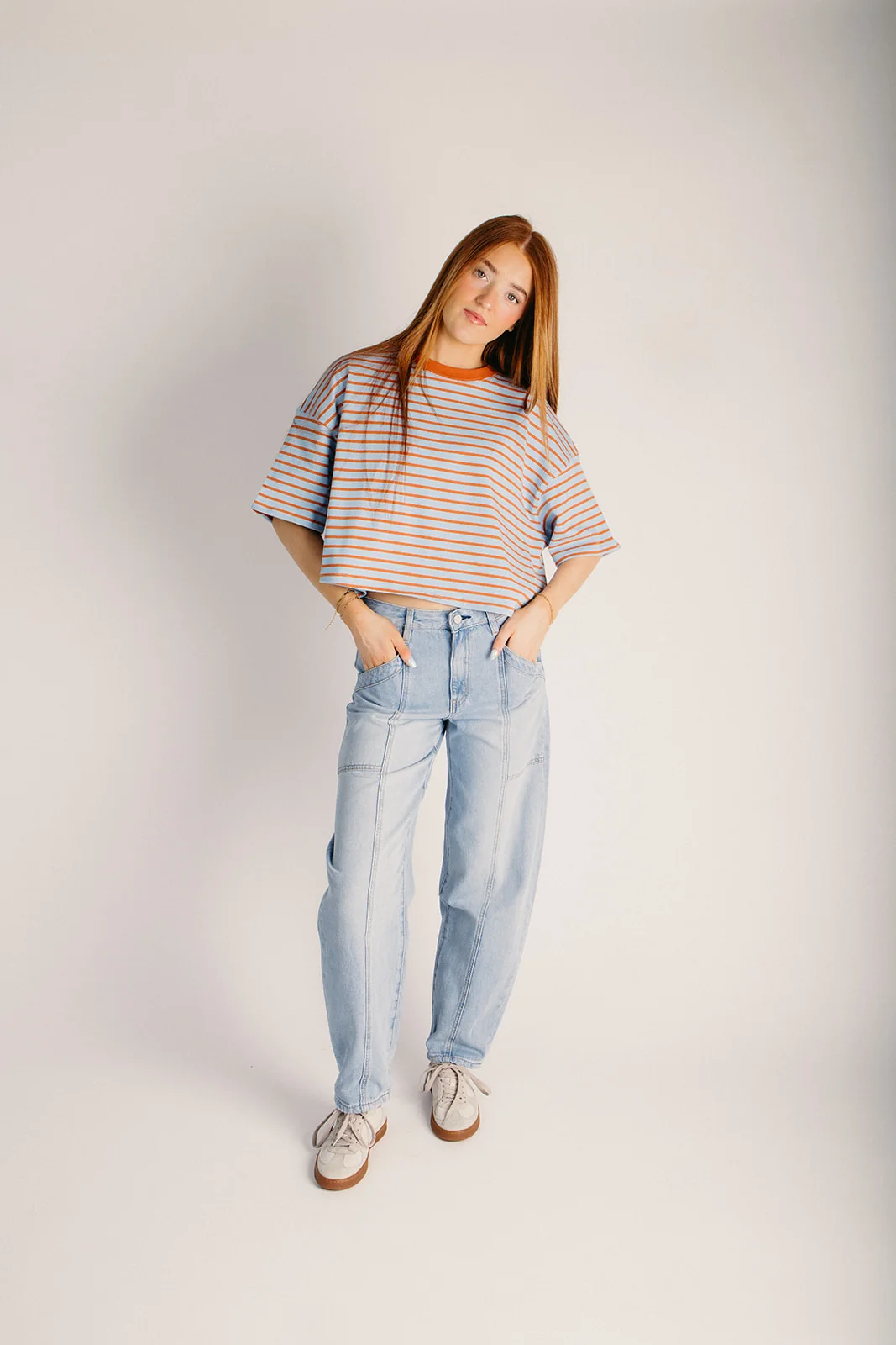 The Christy Striped Tee in Rust + Light Blue - Image 3