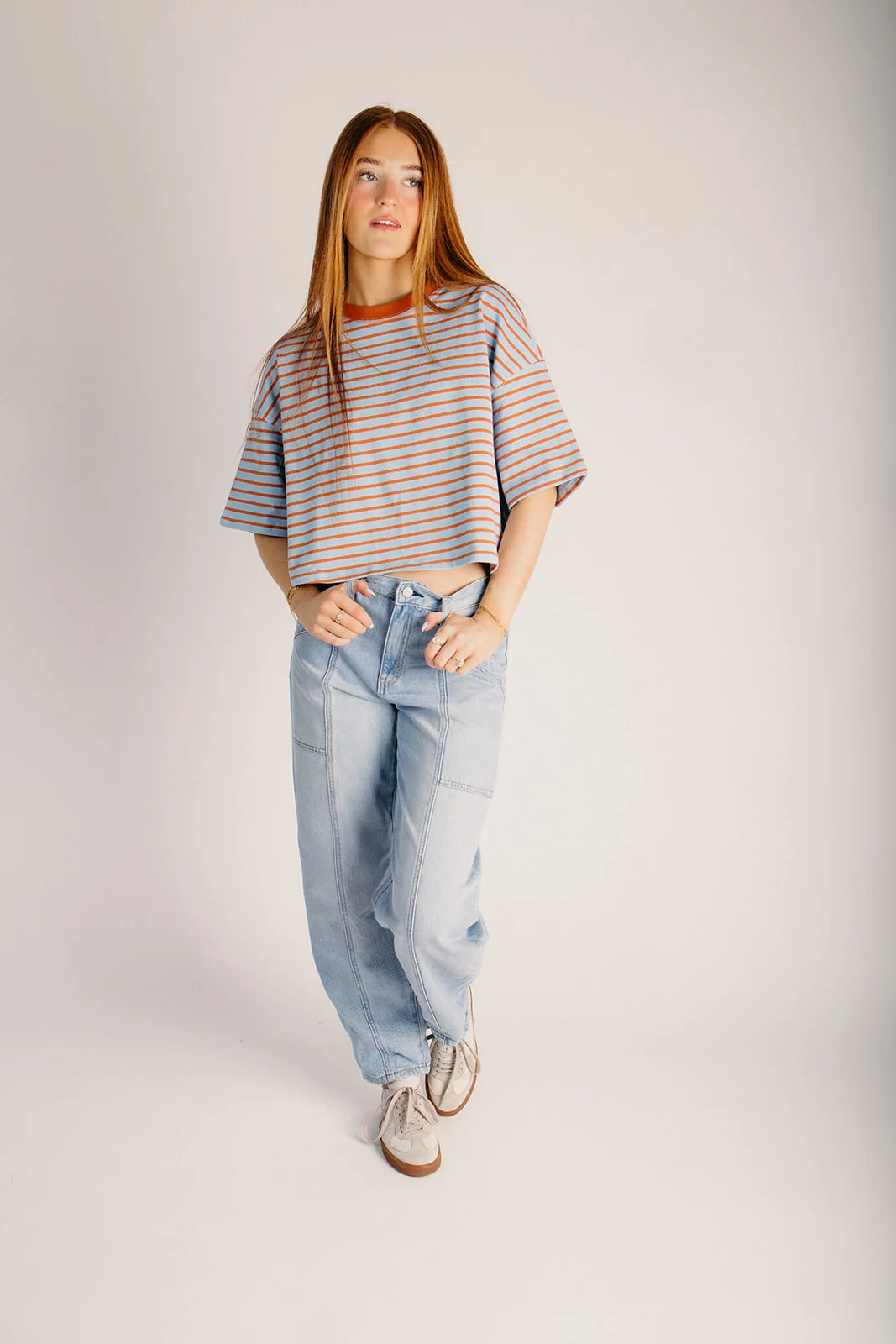 The Christy Striped Tee in Rust + Light Blue - Image 4