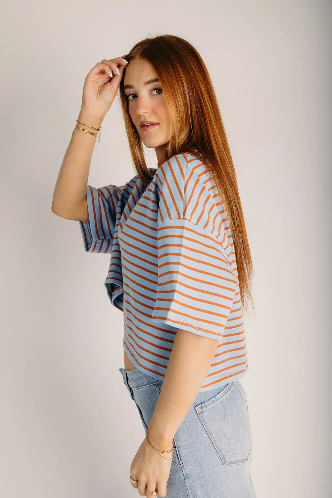 The Christy Striped Tee in Rust + Light Blue - Image 5