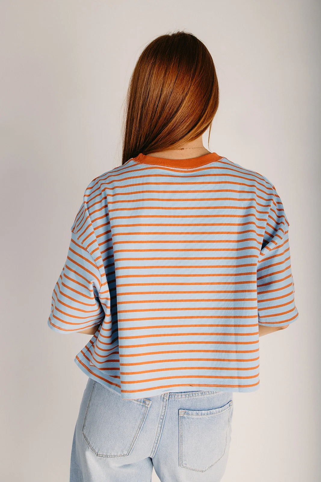 The Christy Striped Tee in Rust + Light Blue - Image 6