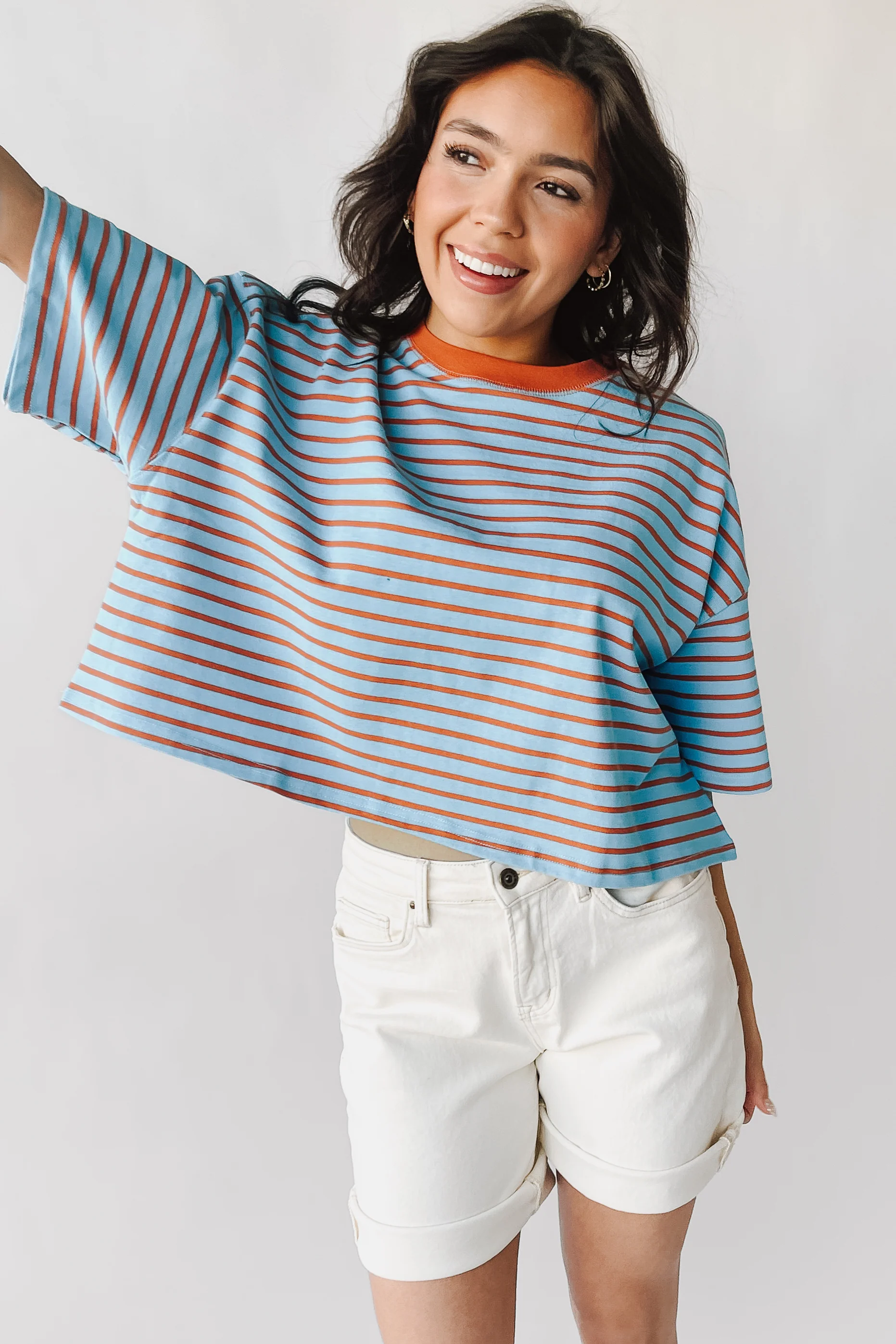 The Christy Striped Tee in Rust + Light Blue - Image 7