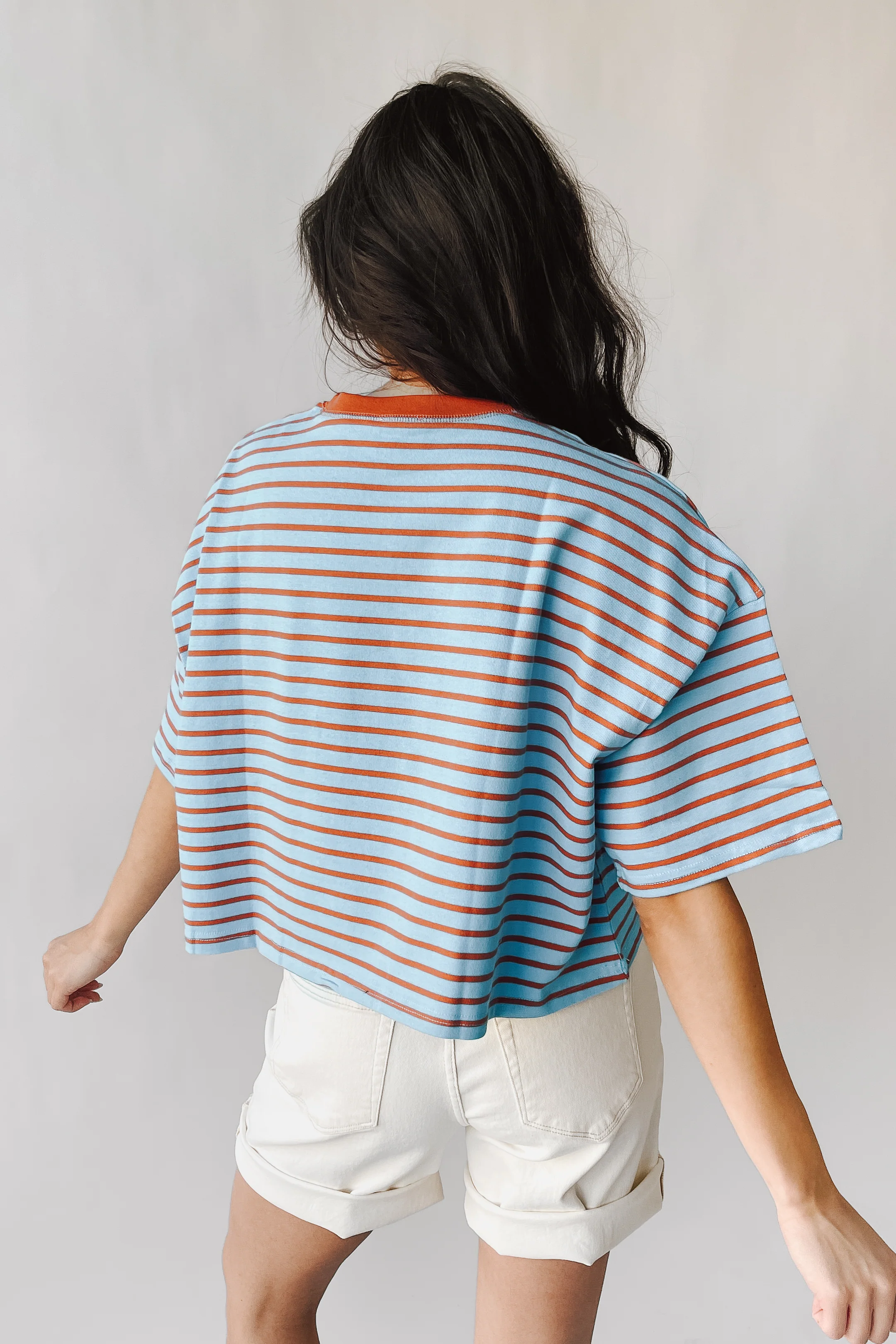 The Christy Striped Tee in Rust + Light Blue - Image 8
