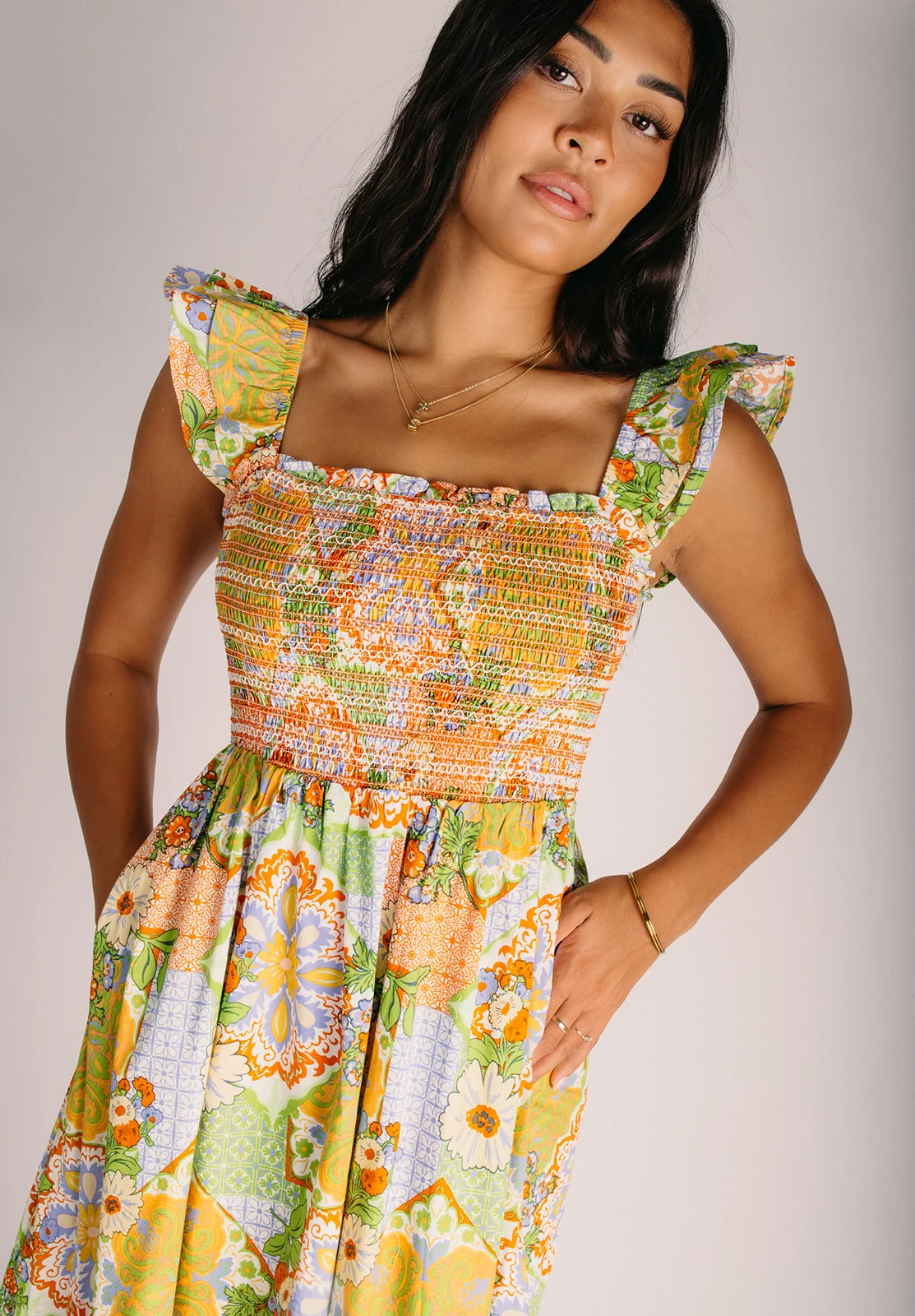 The Clawson Smocked Bodice Midi Dress in Sage Floral - Image 3