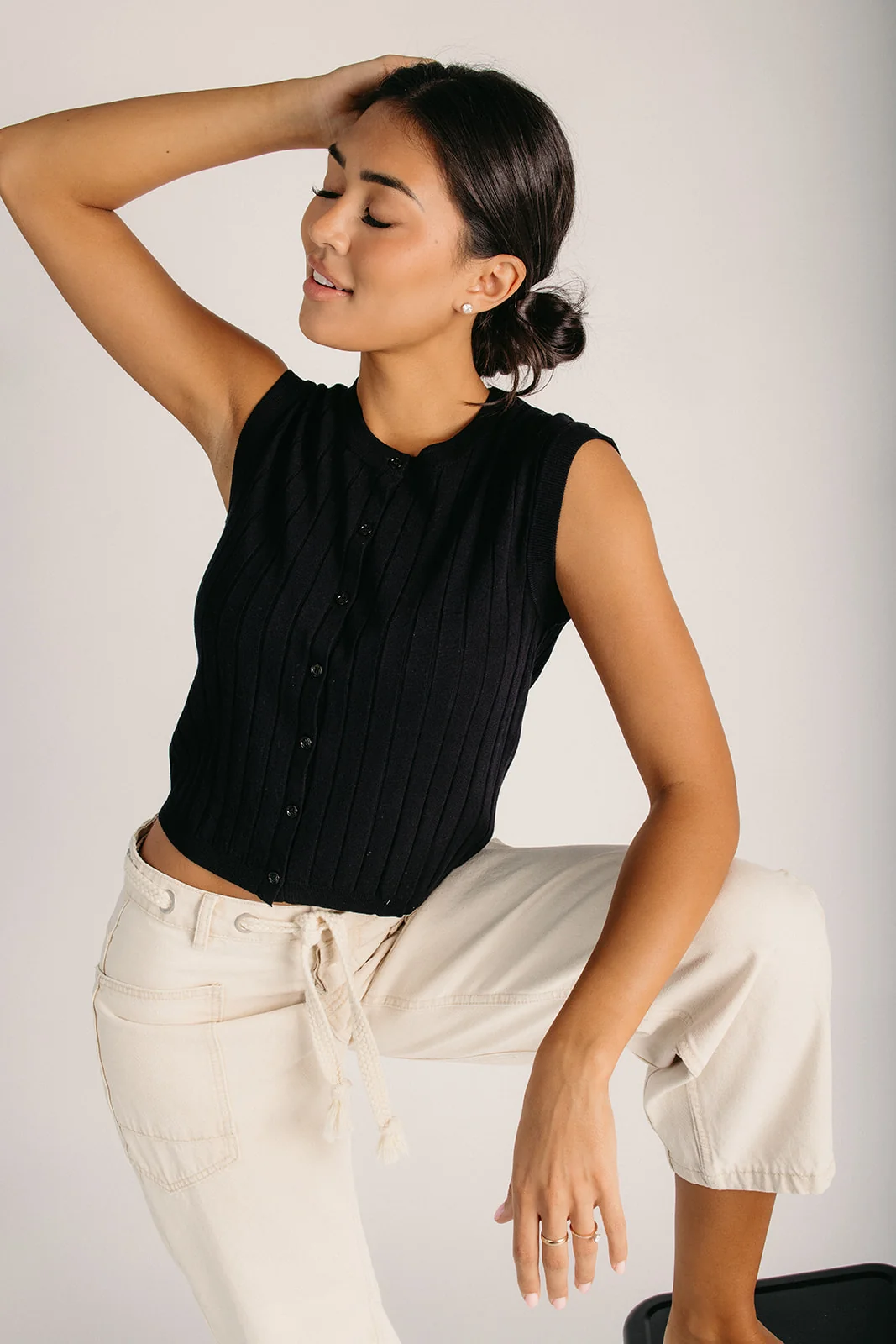 The Colstrum Ribbed Button-Up Tank in Black - Image 3
