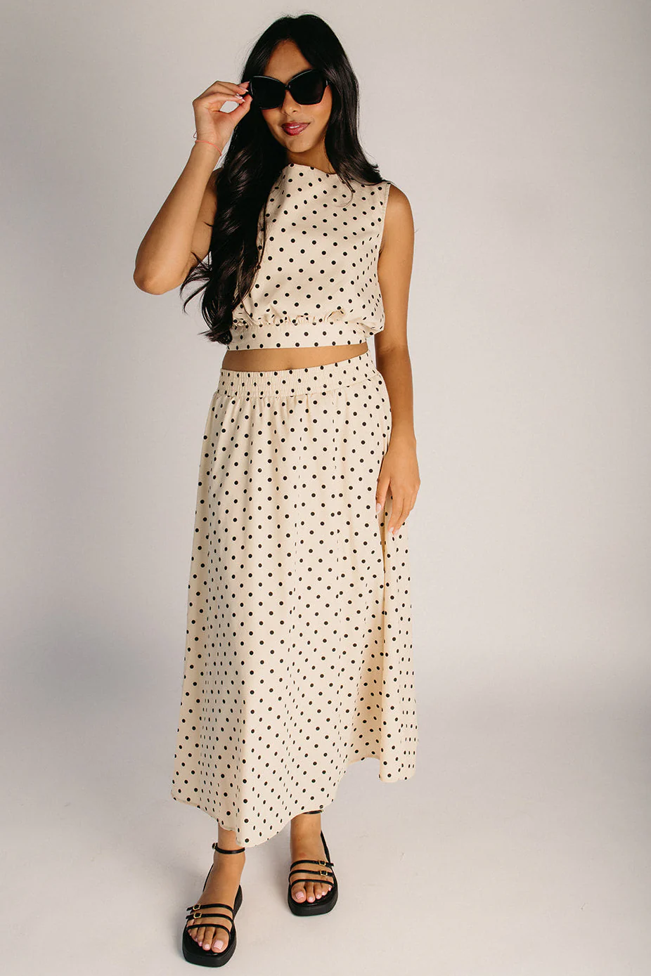 The Coralie Polka Dot Tank + Skirt Set in Oatmeal + Black