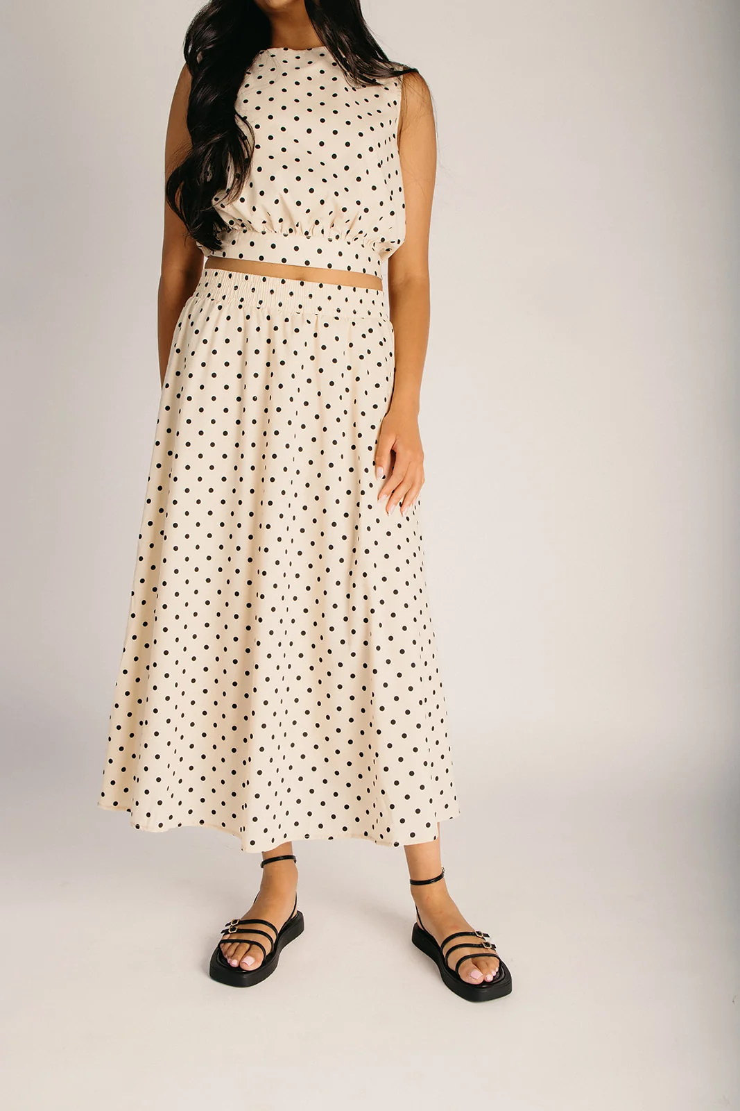 The Coralie Polka Dot Tank + Skirt Set in Oatmeal + Black - Image 7