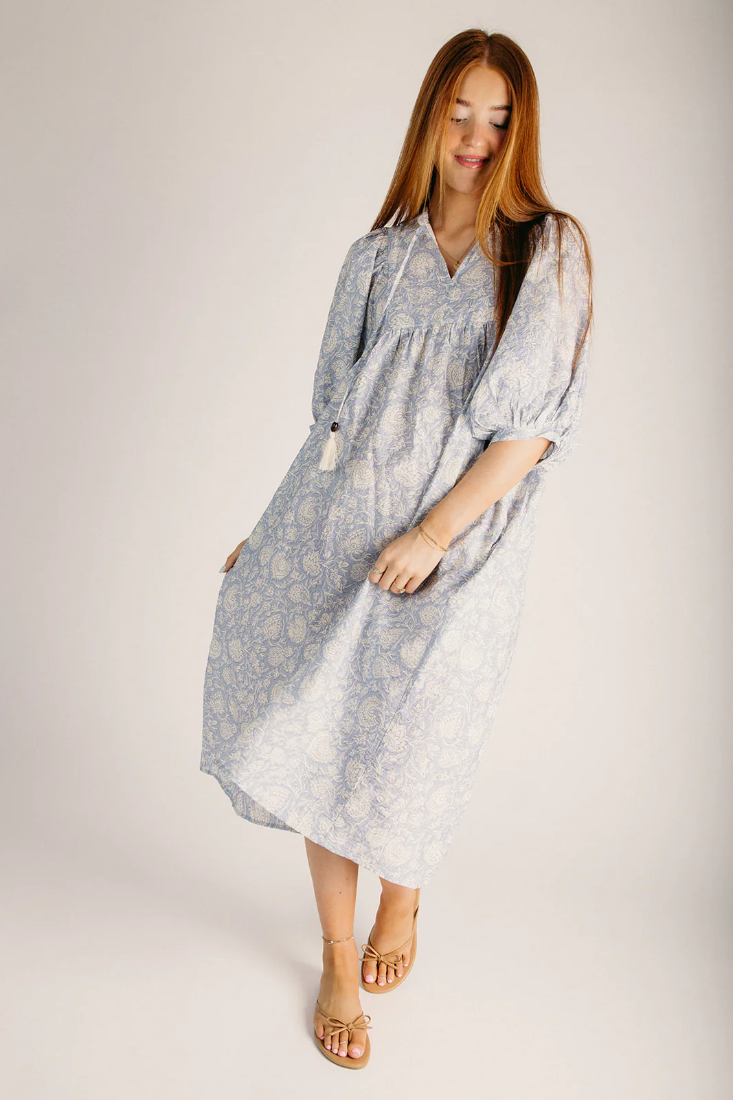 The Cordura Printed Boho Midi Dress in Powder Blue