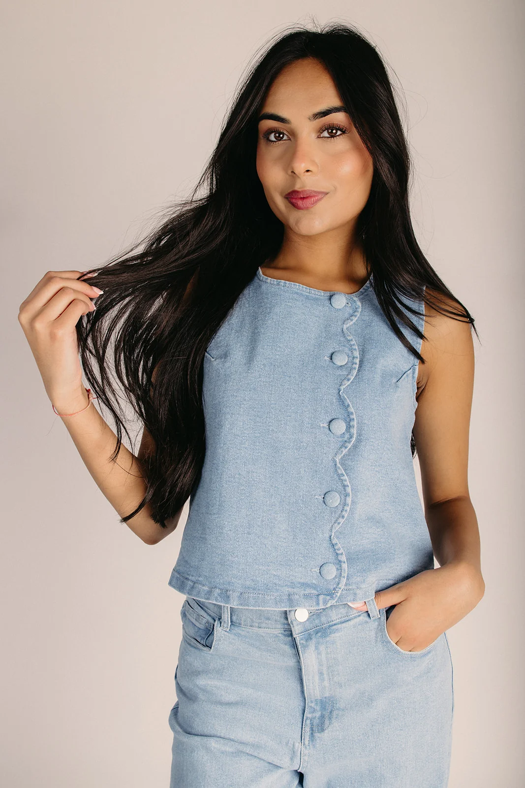 The Craven Scalloped Edge Top + Pant Set in Light Denim - Image 2