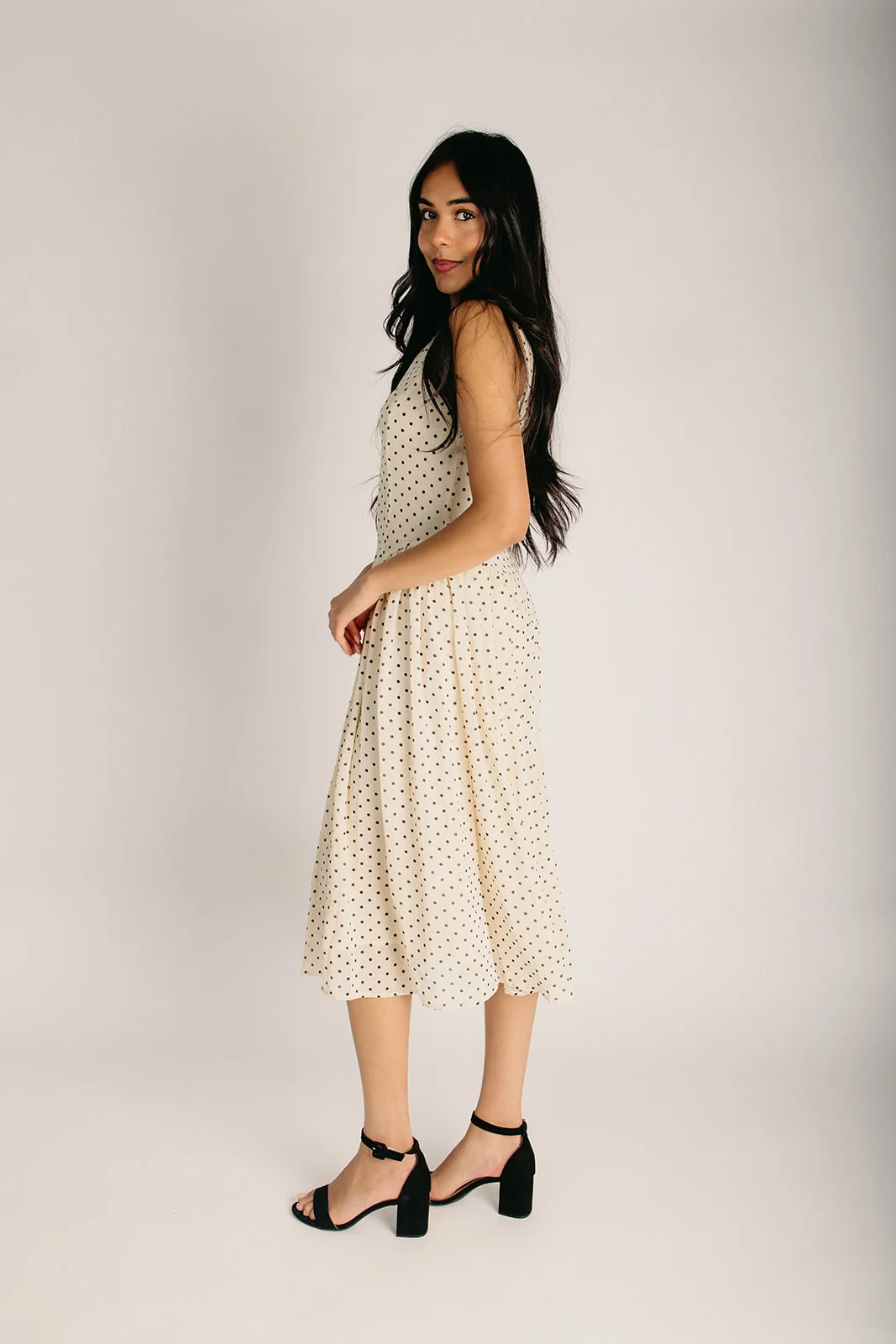 The Cravens Classic A-Line Polka Dot Midi Dress in Cream - Image 3