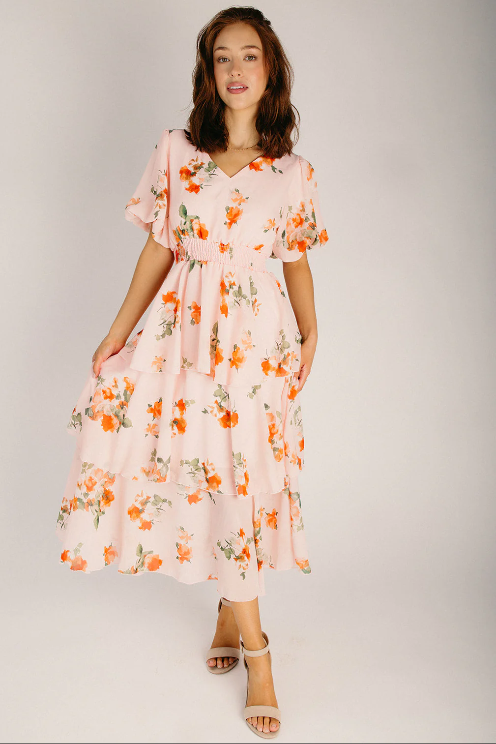 The Crowell Tiered Floral Dress in Peach