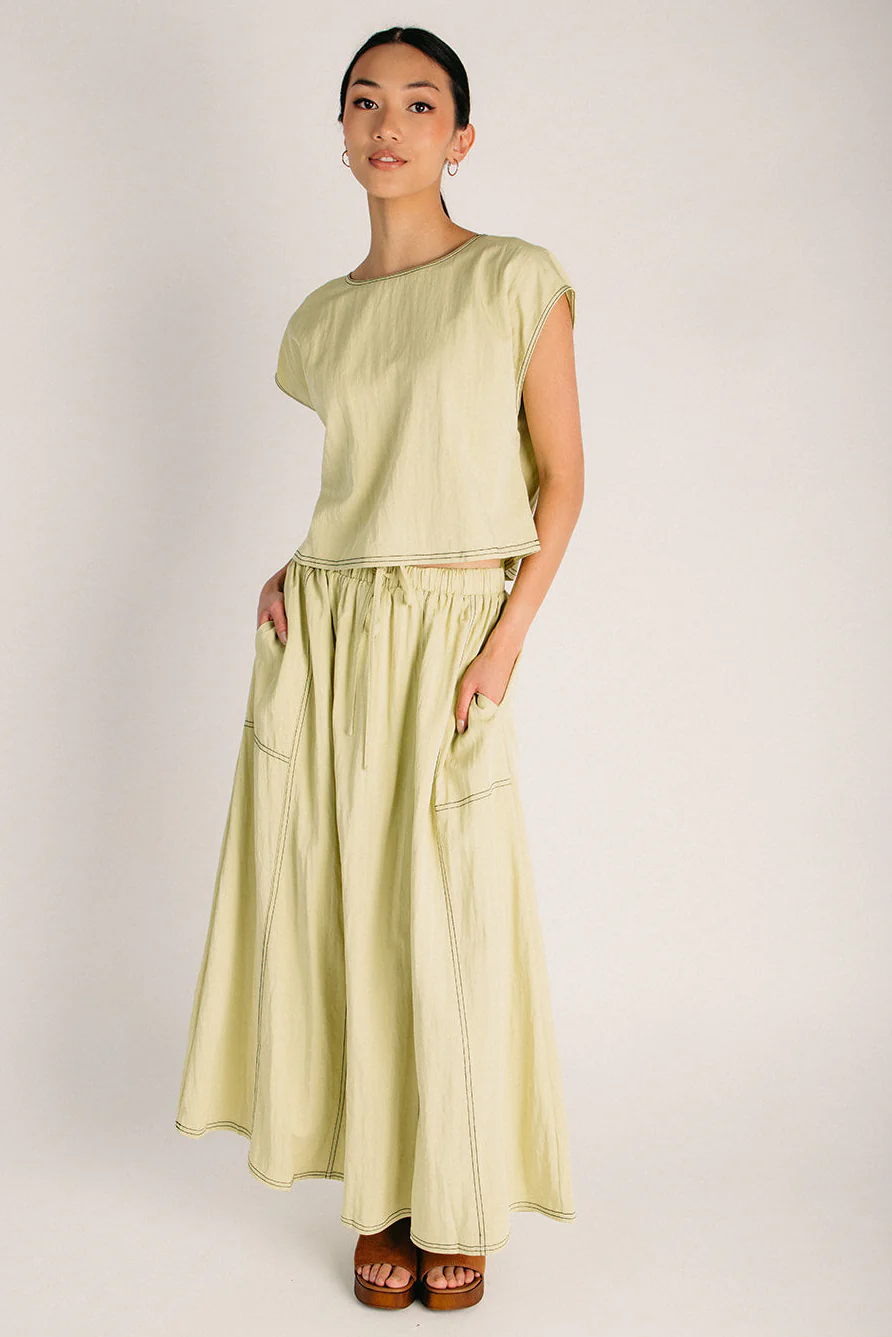 The Crump Stitch Detail Blouse + Skirt Set in Chartreuse