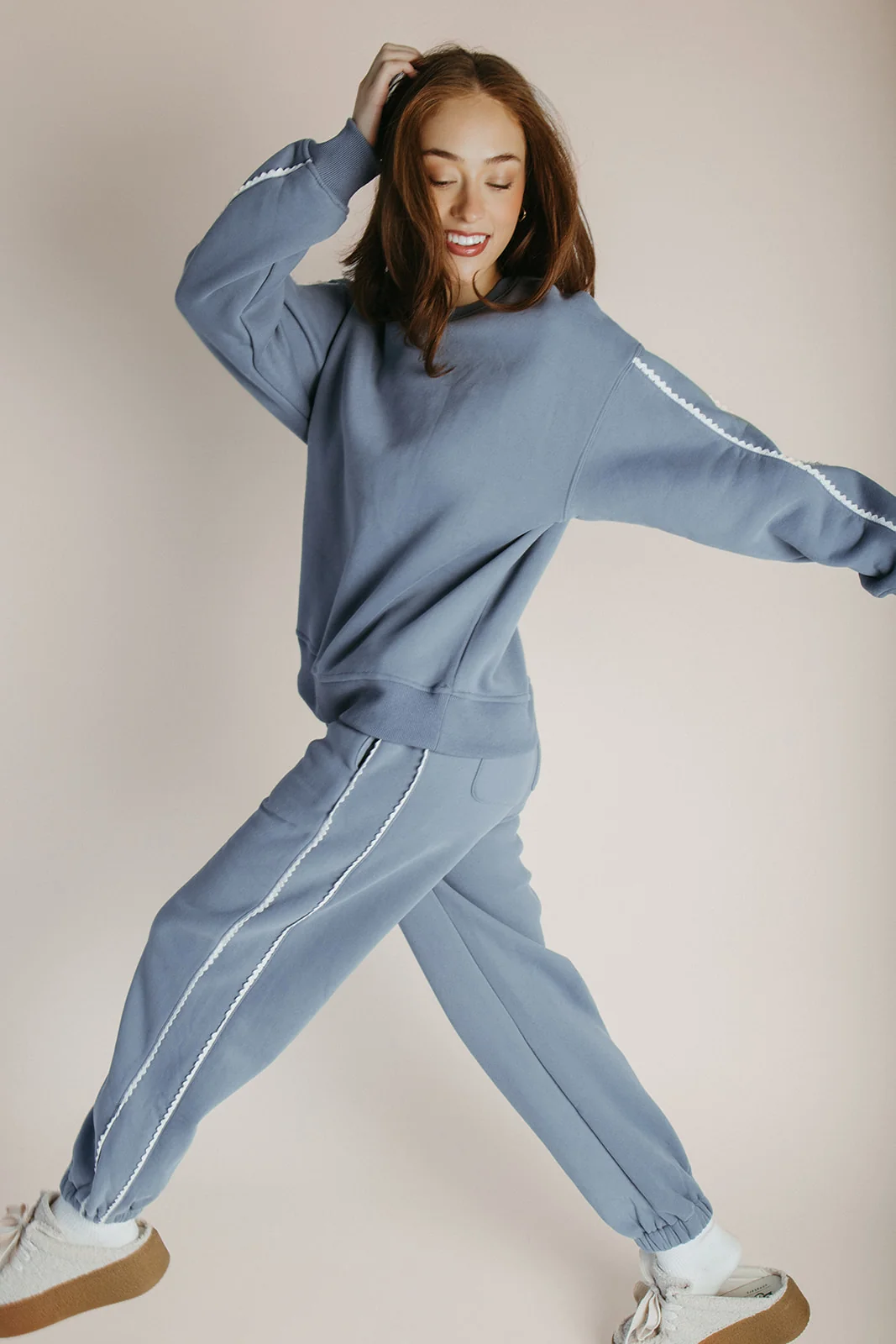 The Darrow Lace Trim Jogger in Dusty Blue - Image 5