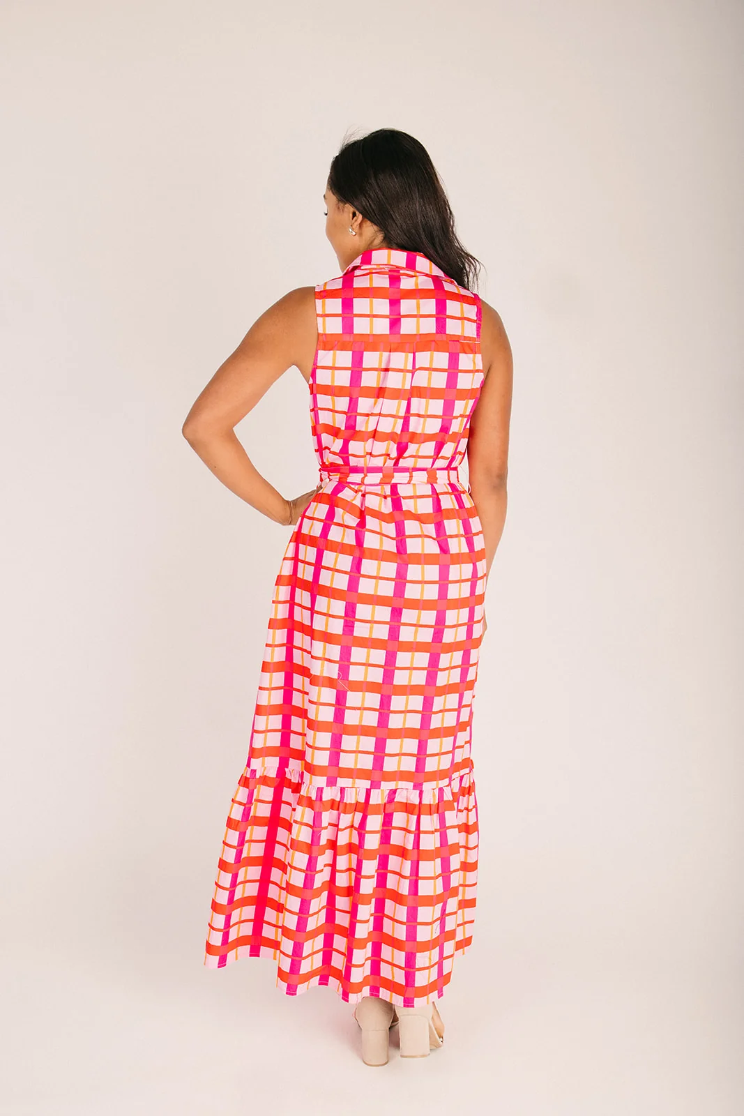 The Darvy Collared Maxi Dress in Checkered Pink - Image 4