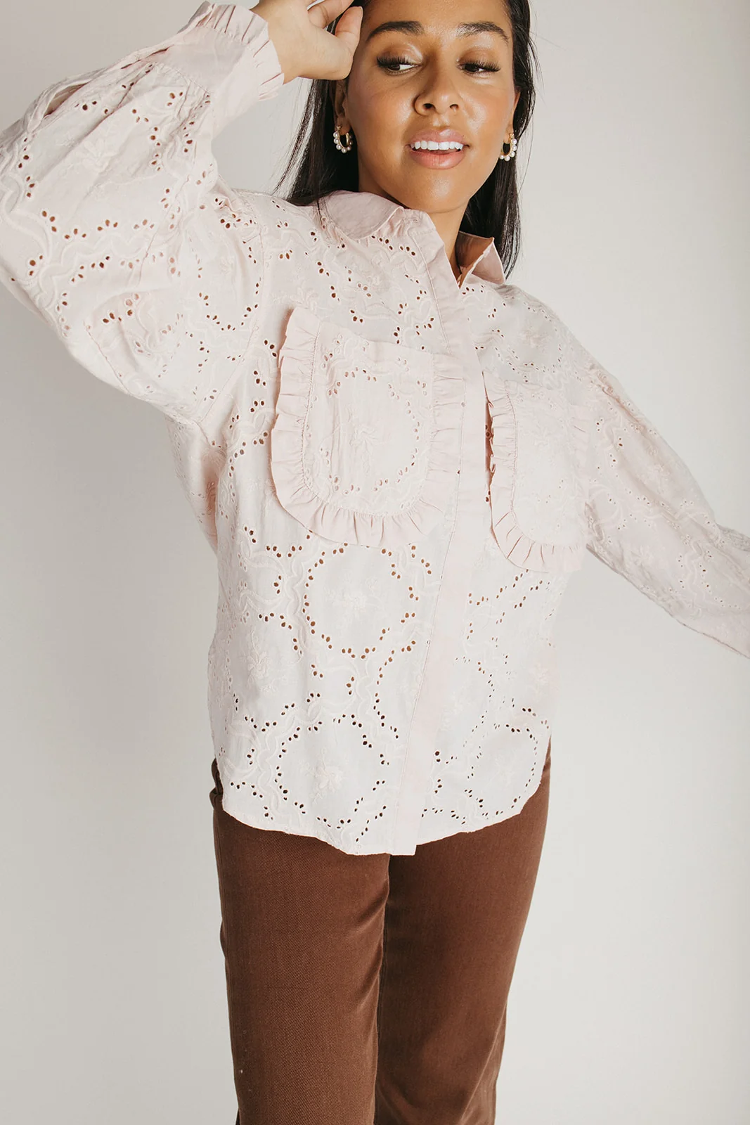 The Dasha Eyelet Button-Up Blouse in Blush