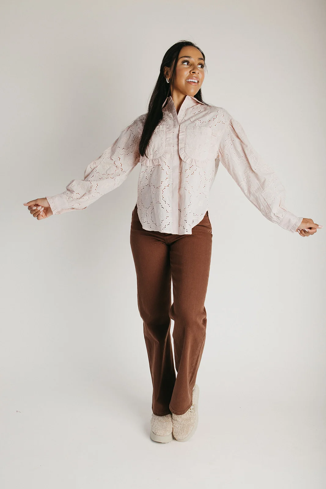 The Dasha Eyelet Button-Up Blouse in Blush - Image 3