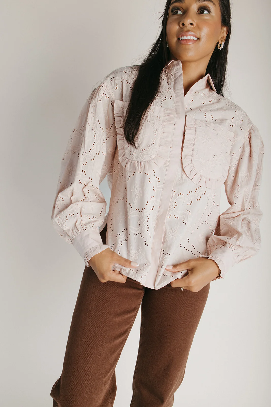 The Dasha Eyelet Button-Up Blouse in Blush - Image 5
