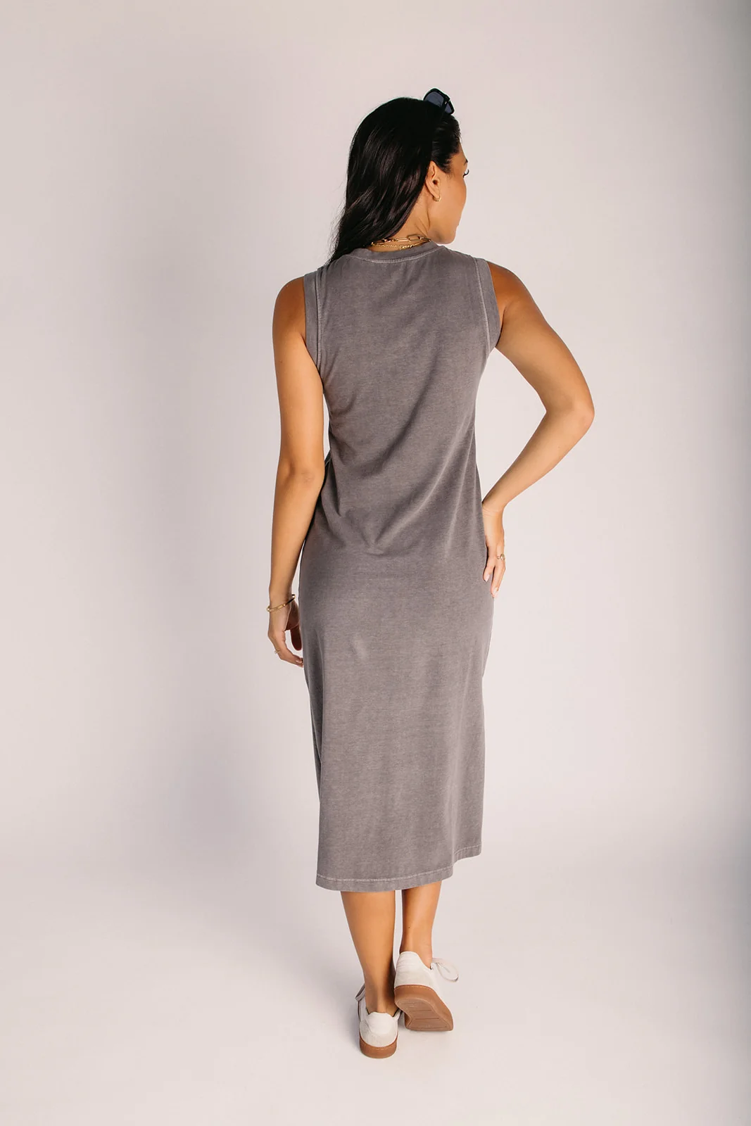 The Daviston Side-Slit Midi Shirt Dress in Charcoal - Image 2