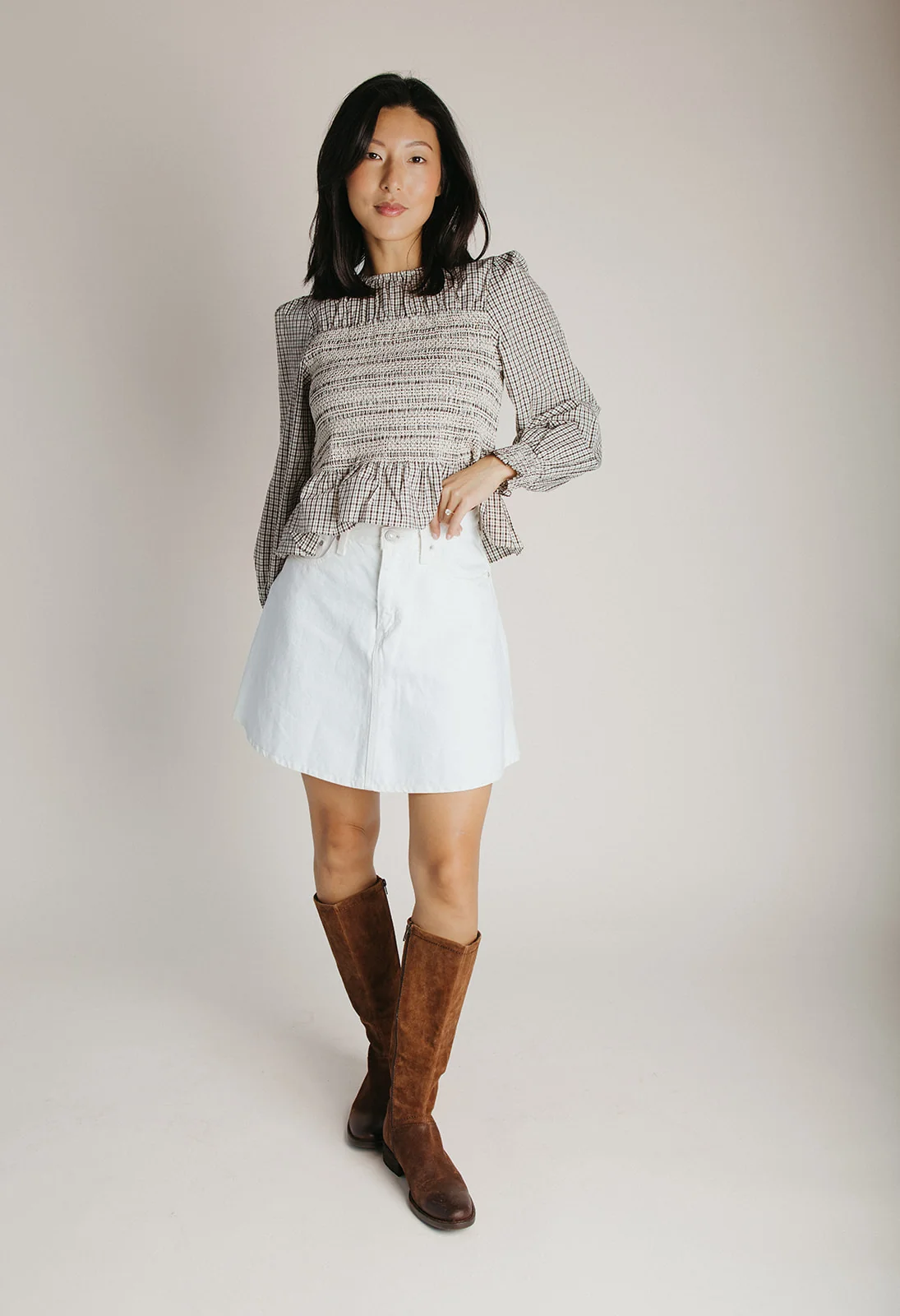 The Delgra Smocked Peplum Blouse in Cream + Brown - Image 3