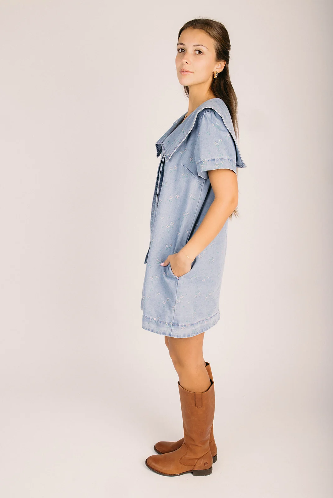 The Denita Collared Dress in Denim + Pink - Image 3