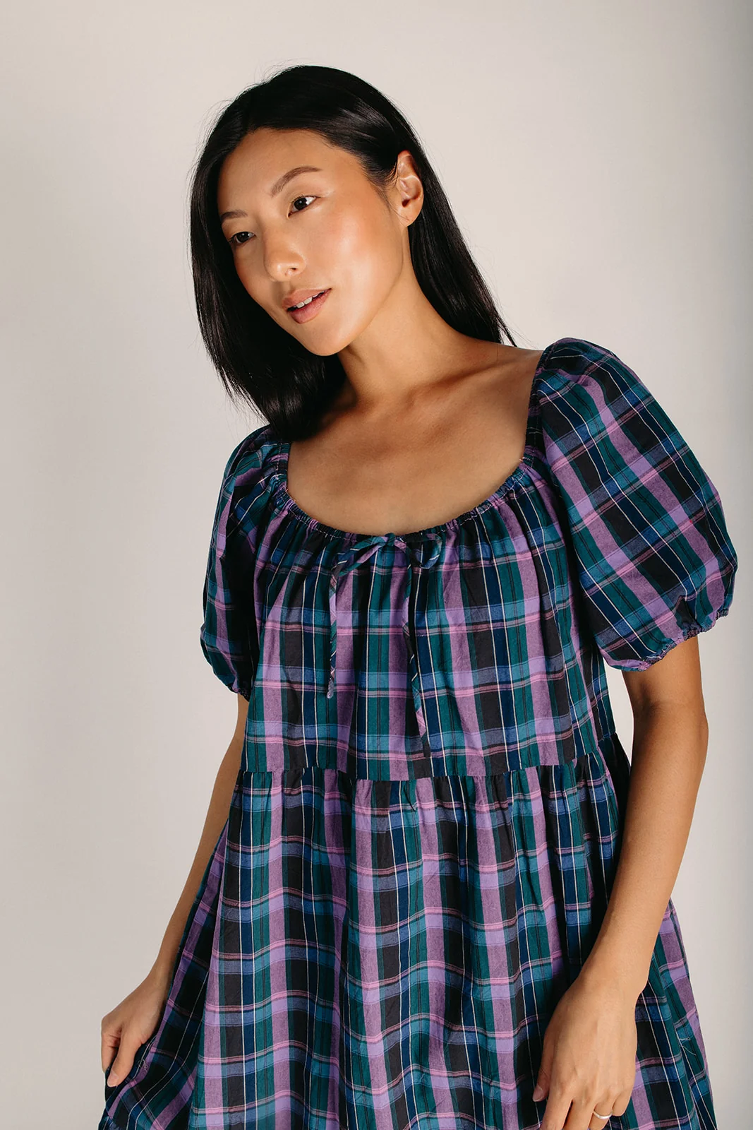 The Dobrev Puff Sleeve Midi Dress in Green + Violet Plaid - Image 3
