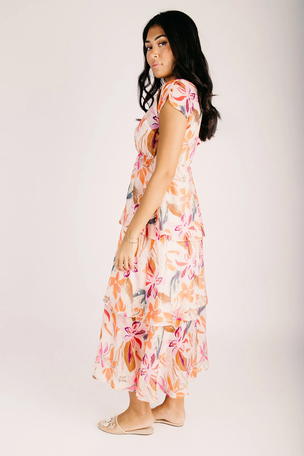 The Dodson Tiered Floral Midi Dress in Pink Multi - Image 5