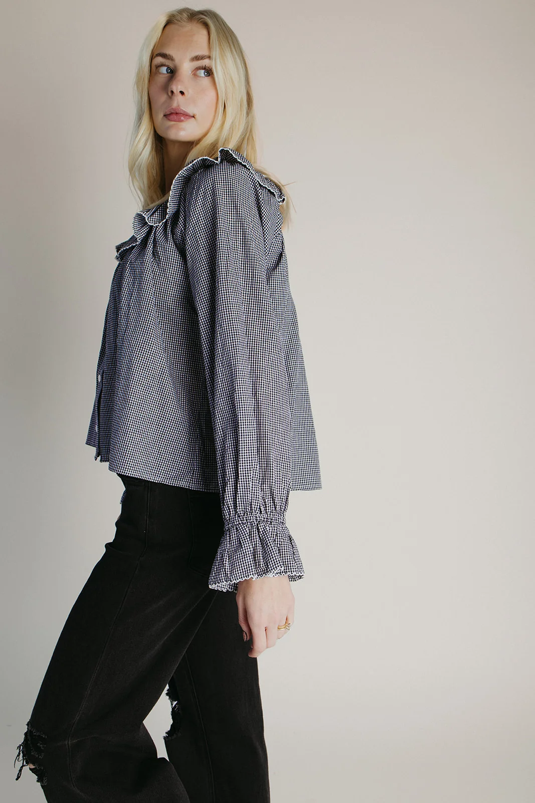 The Donaldson Gingham Ruffle Blouse in Black - Image 3