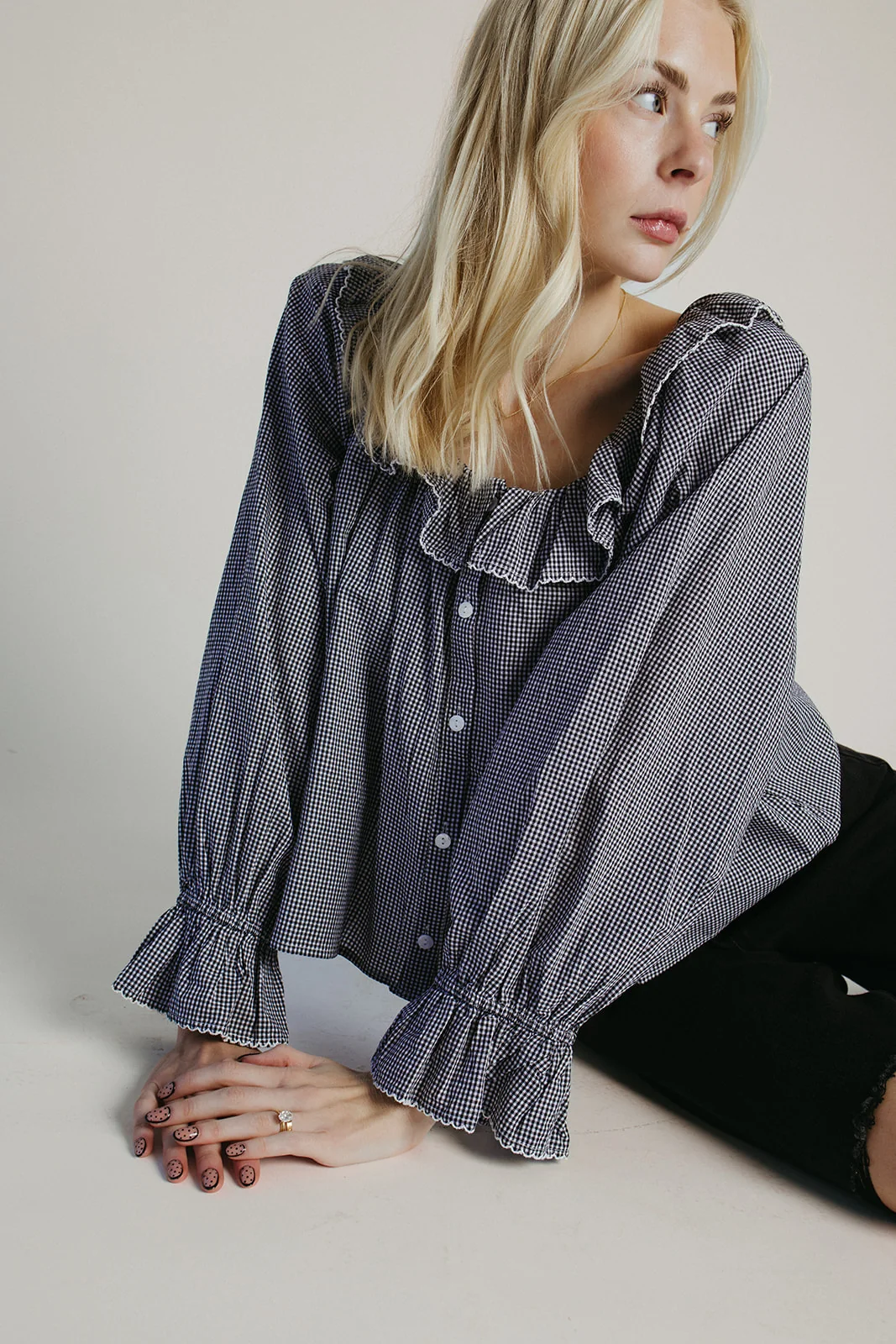 The Donaldson Gingham Ruffle Blouse in Black - Image 5