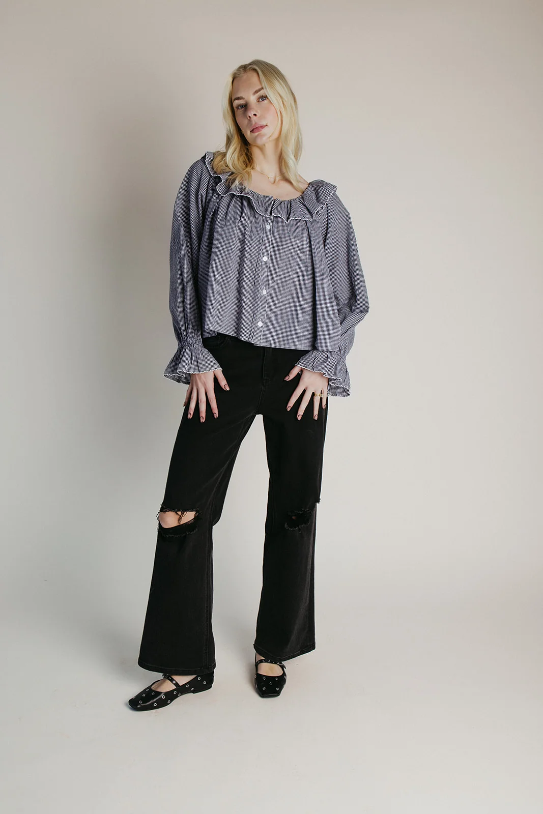 The Donaldson Gingham Ruffle Blouse in Black - Image 6