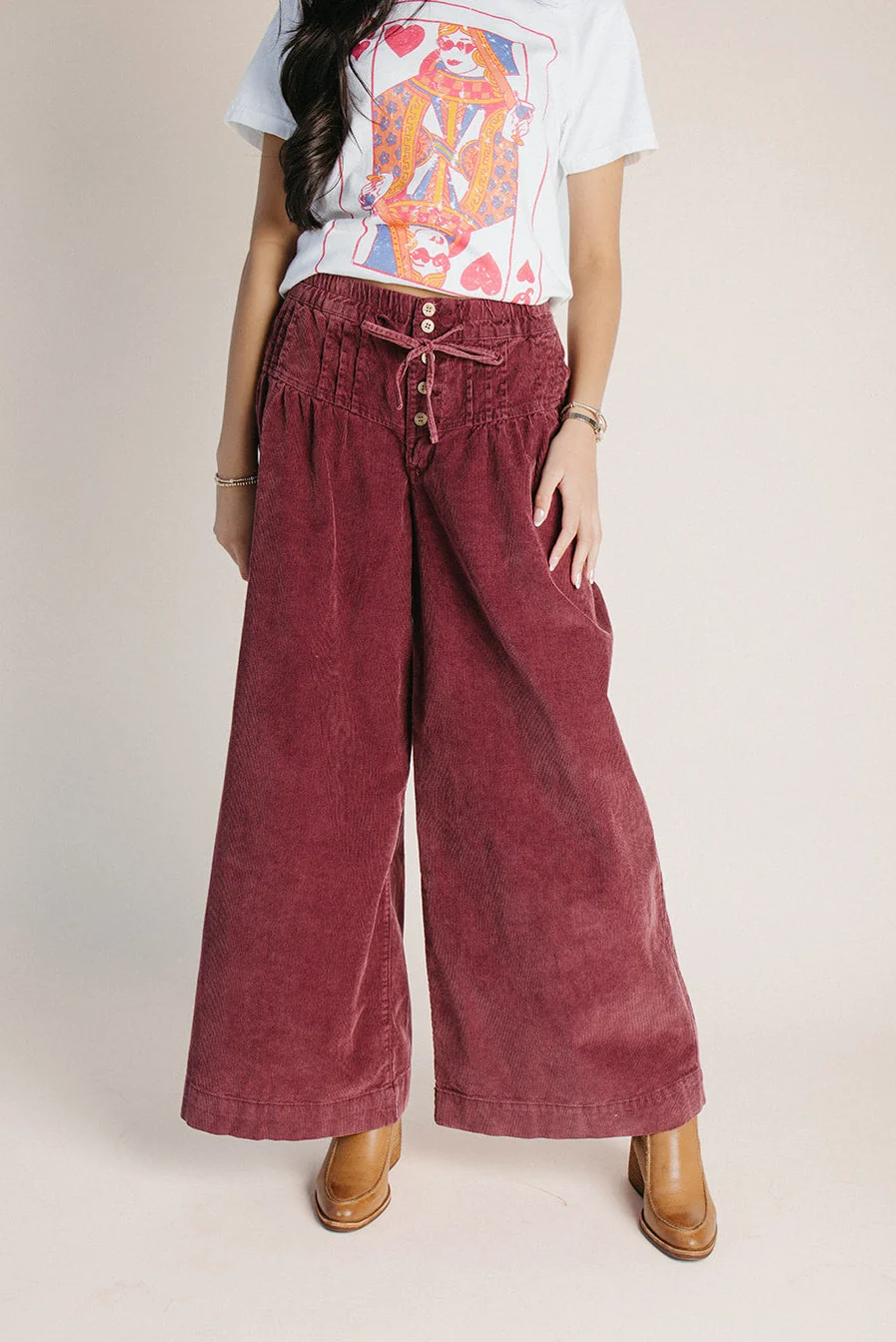 The Dorsey Corduroy Pin Tuck Wide Leg Pant in Burgundy