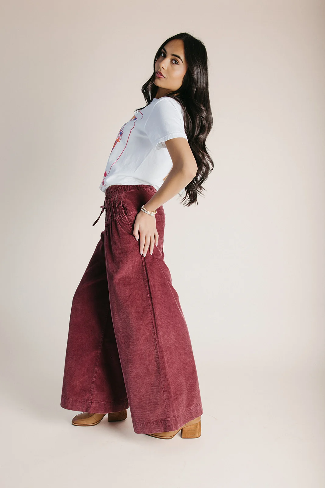 The Dorsey Corduroy Pin Tuck Wide Leg Pant in Burgundy - Image 2
