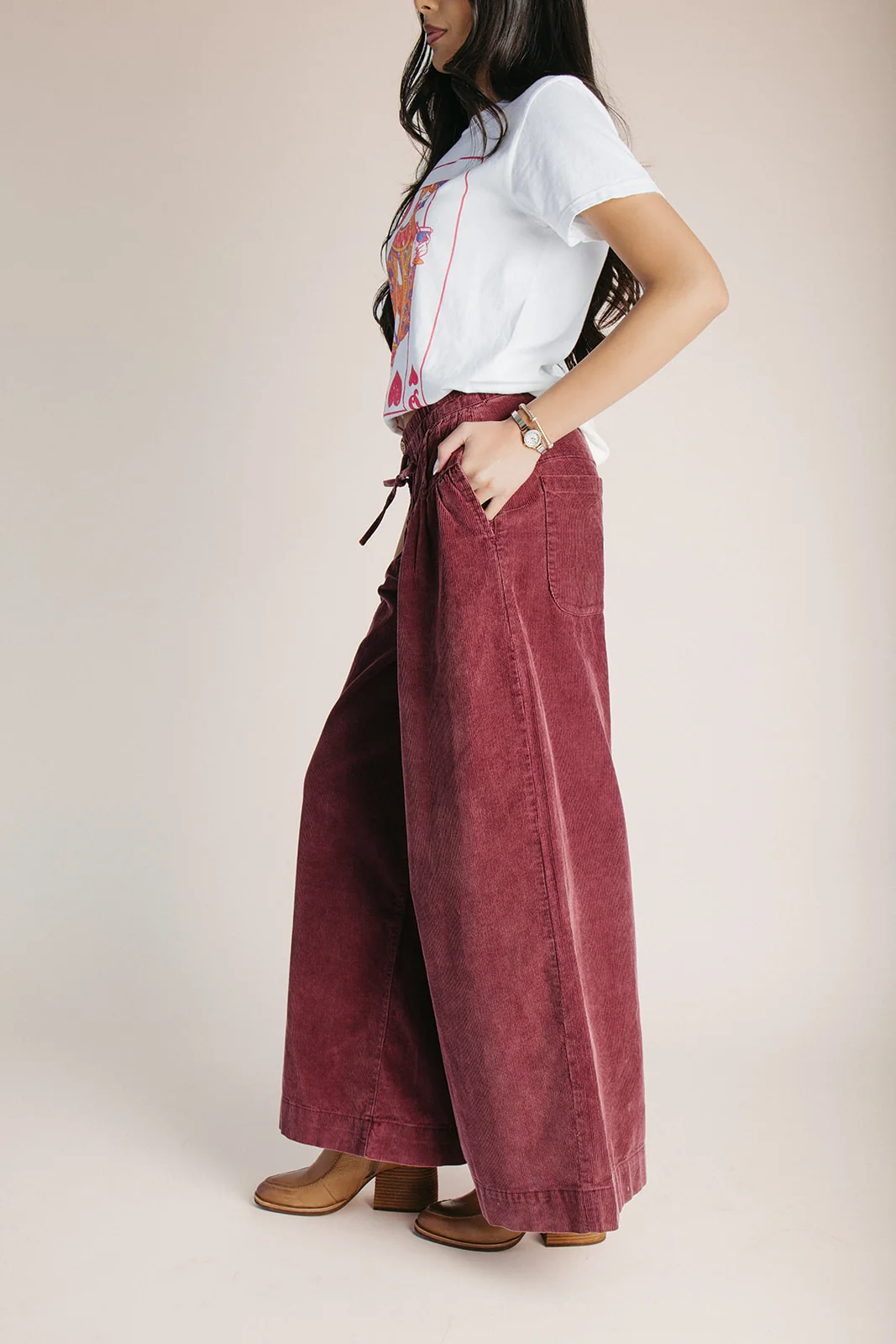 The Dorsey Corduroy Pin Tuck Wide Leg Pant in Burgundy - Image 5