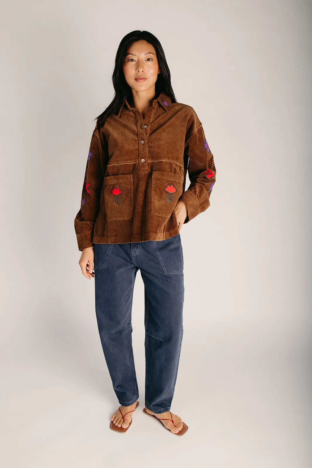 The Ellsworth Corduroy Embroidered Blouse in Chestnut - Image 3