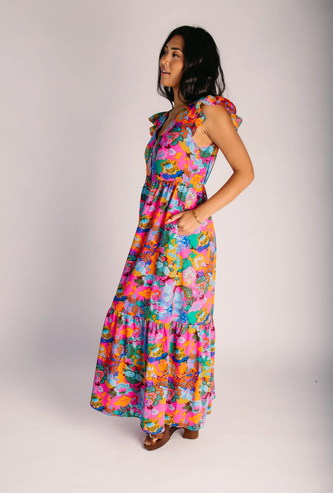 The Evianna Flutter Maxi Dress in Fuchsia Multi - Image 5