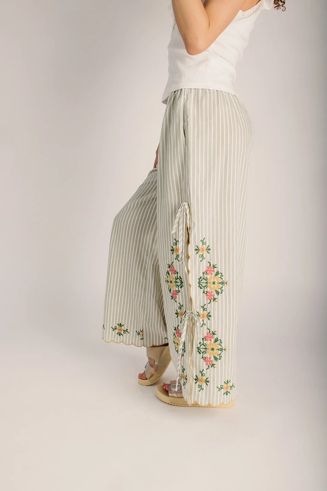 The Exler Floral Embroidered Pant in Sage - Image 3