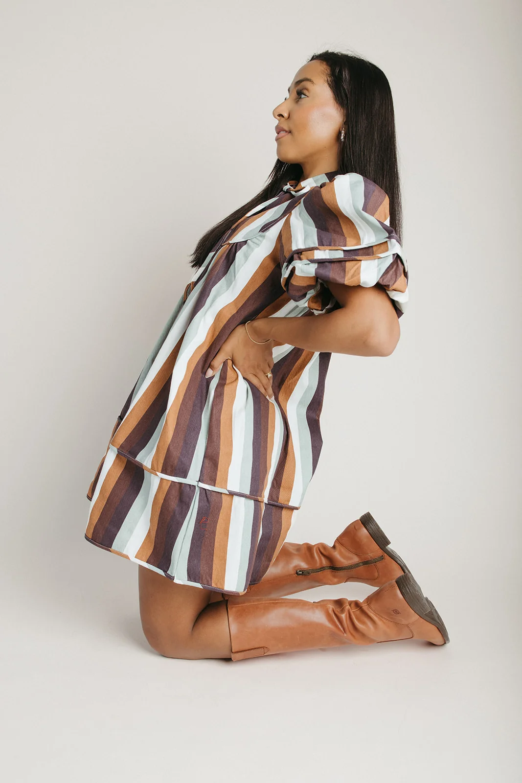 The Farwell Puff Sleeve Dress in Brown Stripe - Image 5
