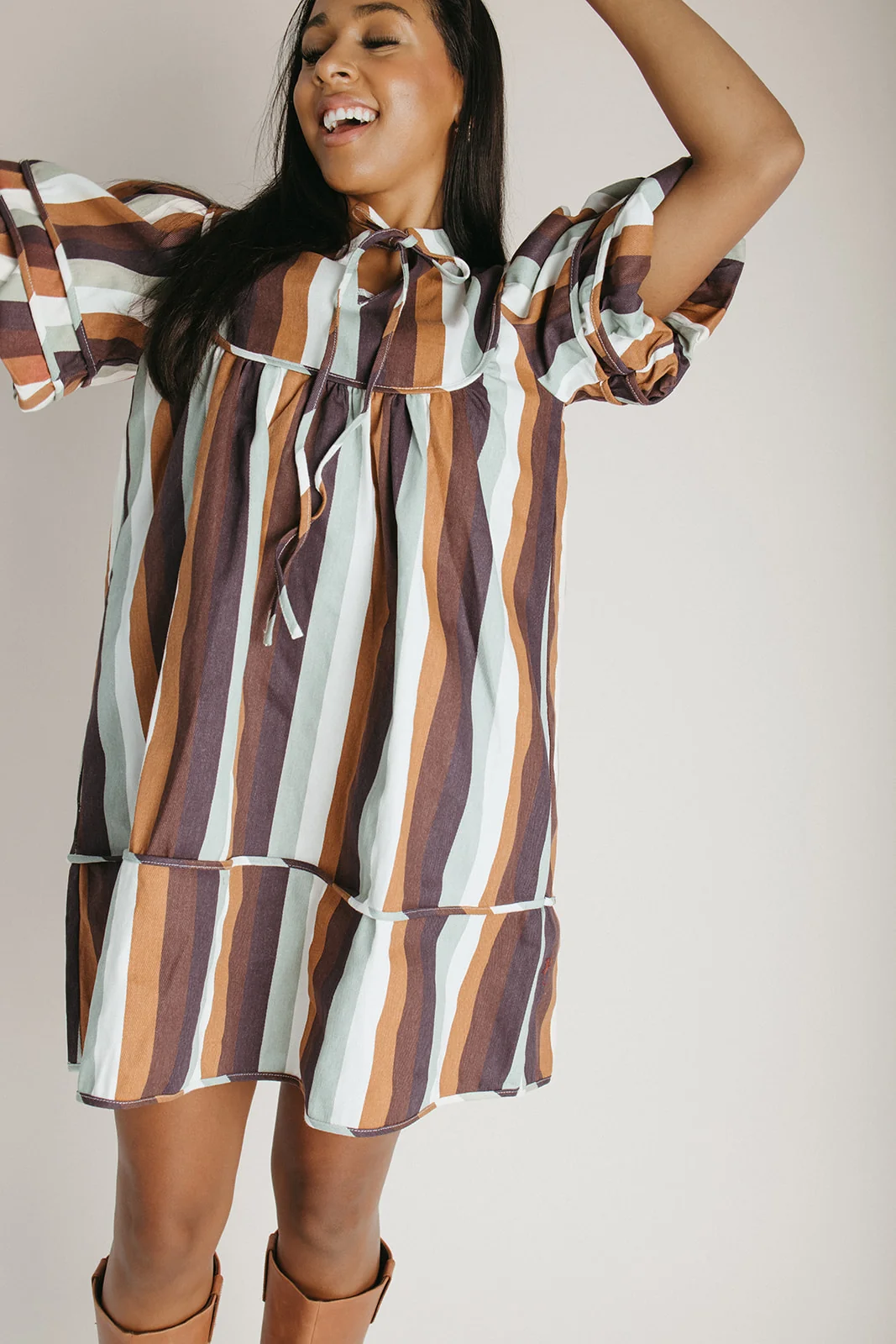 The Farwell Puff Sleeve Dress in Brown Stripe - Image 6