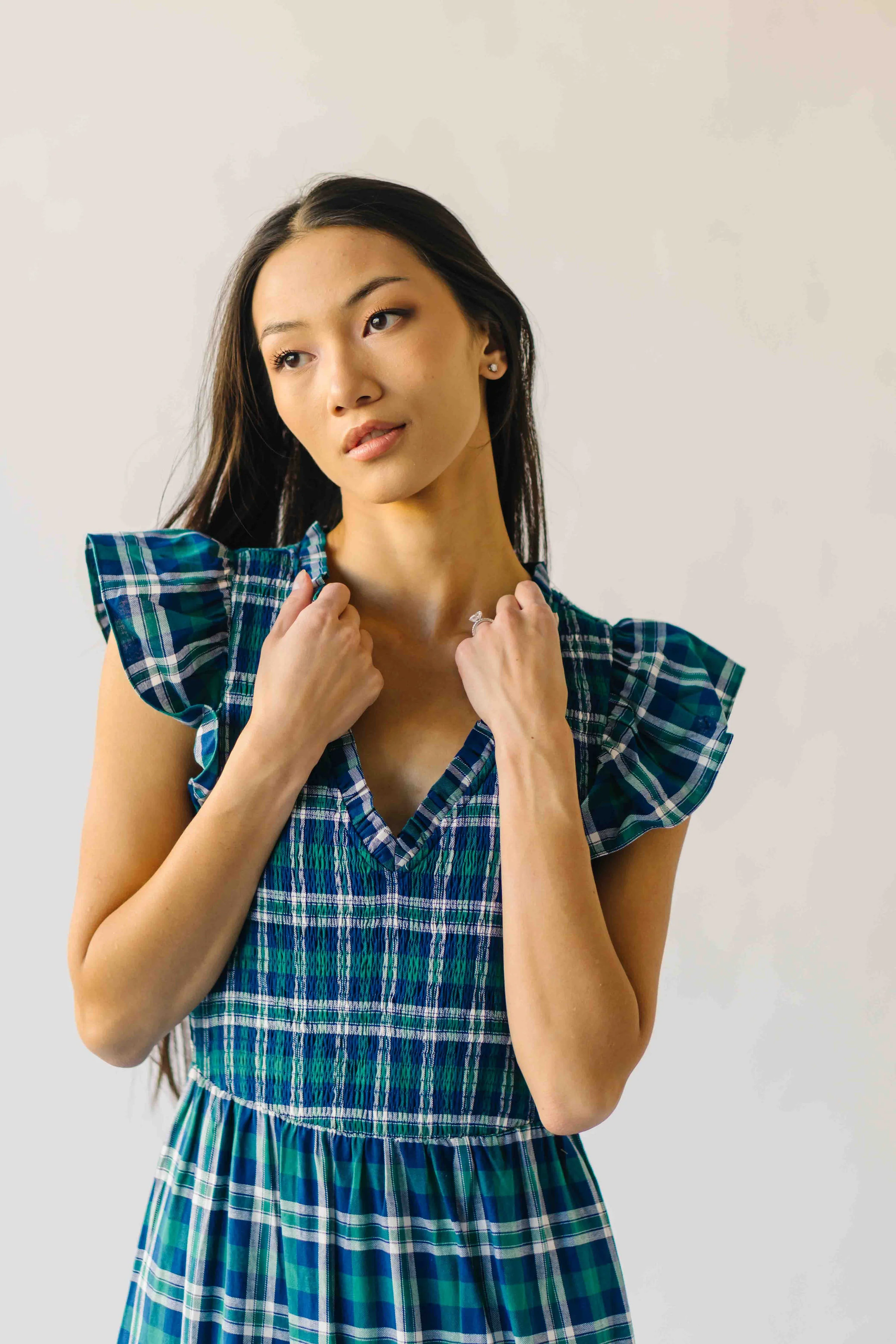 The Fenton Plaid Midi Dress in Navy + Green - Image 3