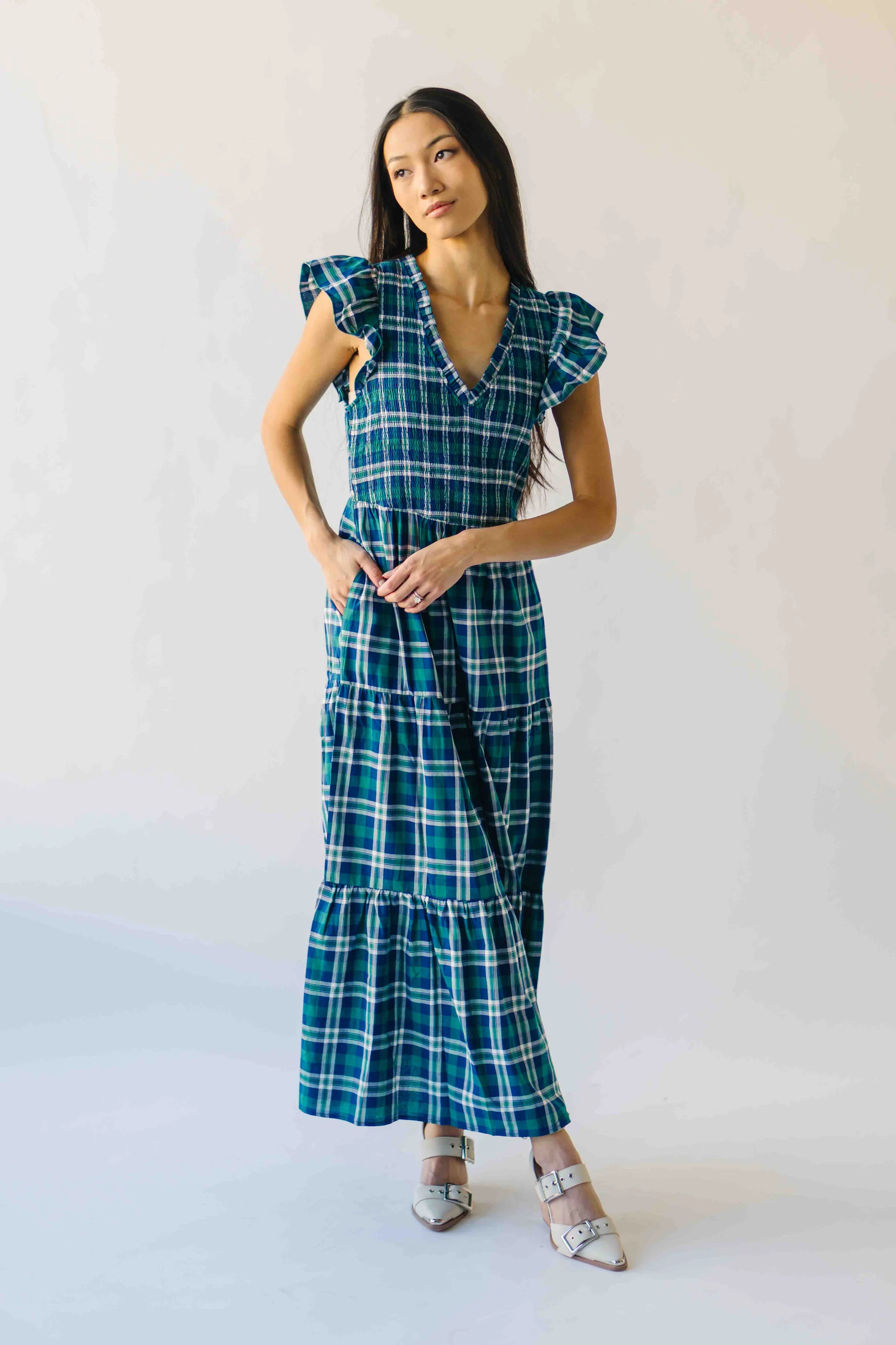 The Fenton Plaid Midi Dress in Navy + Green - Image 4