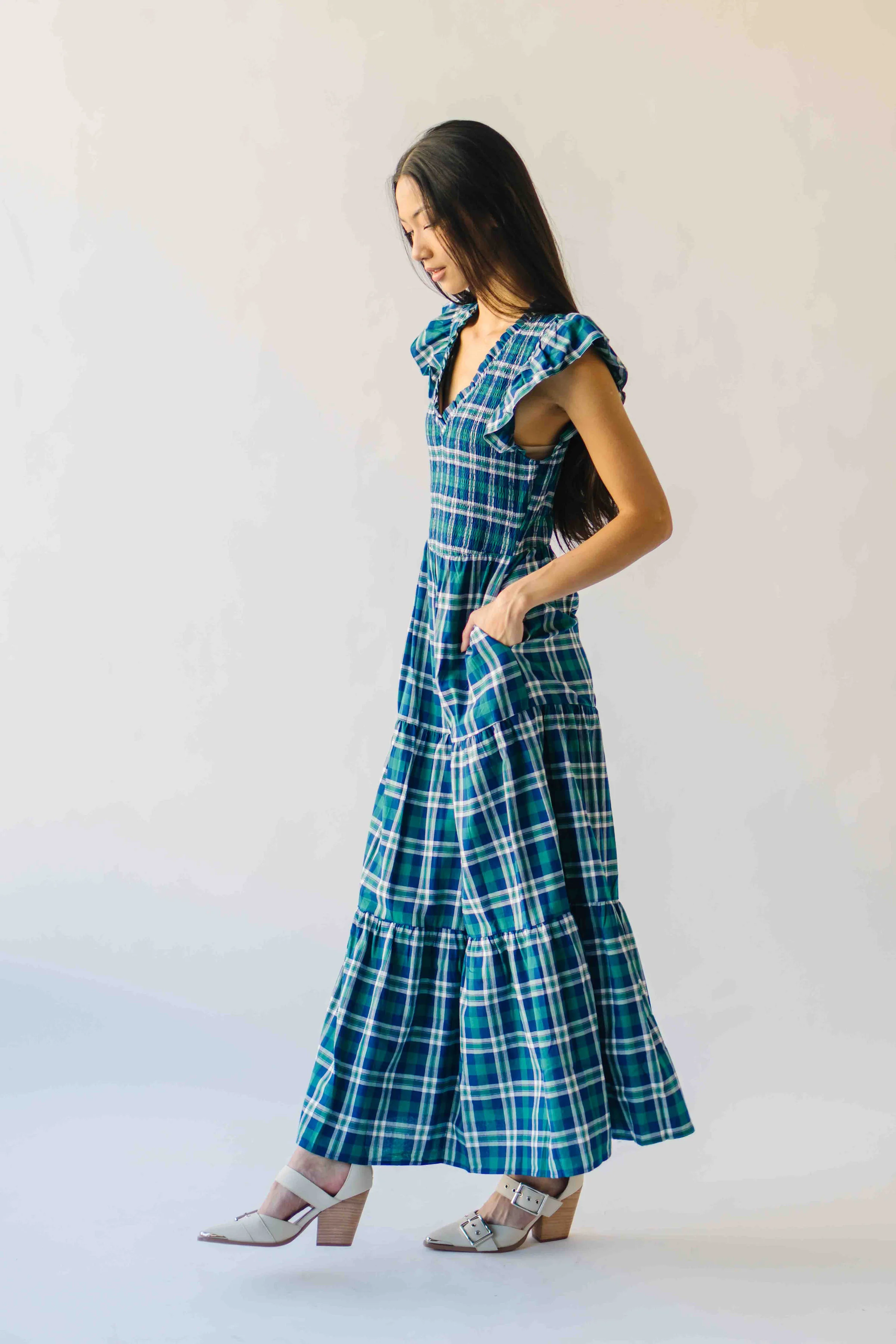 The Fenton Plaid Midi Dress in Navy + Green - Image 5
