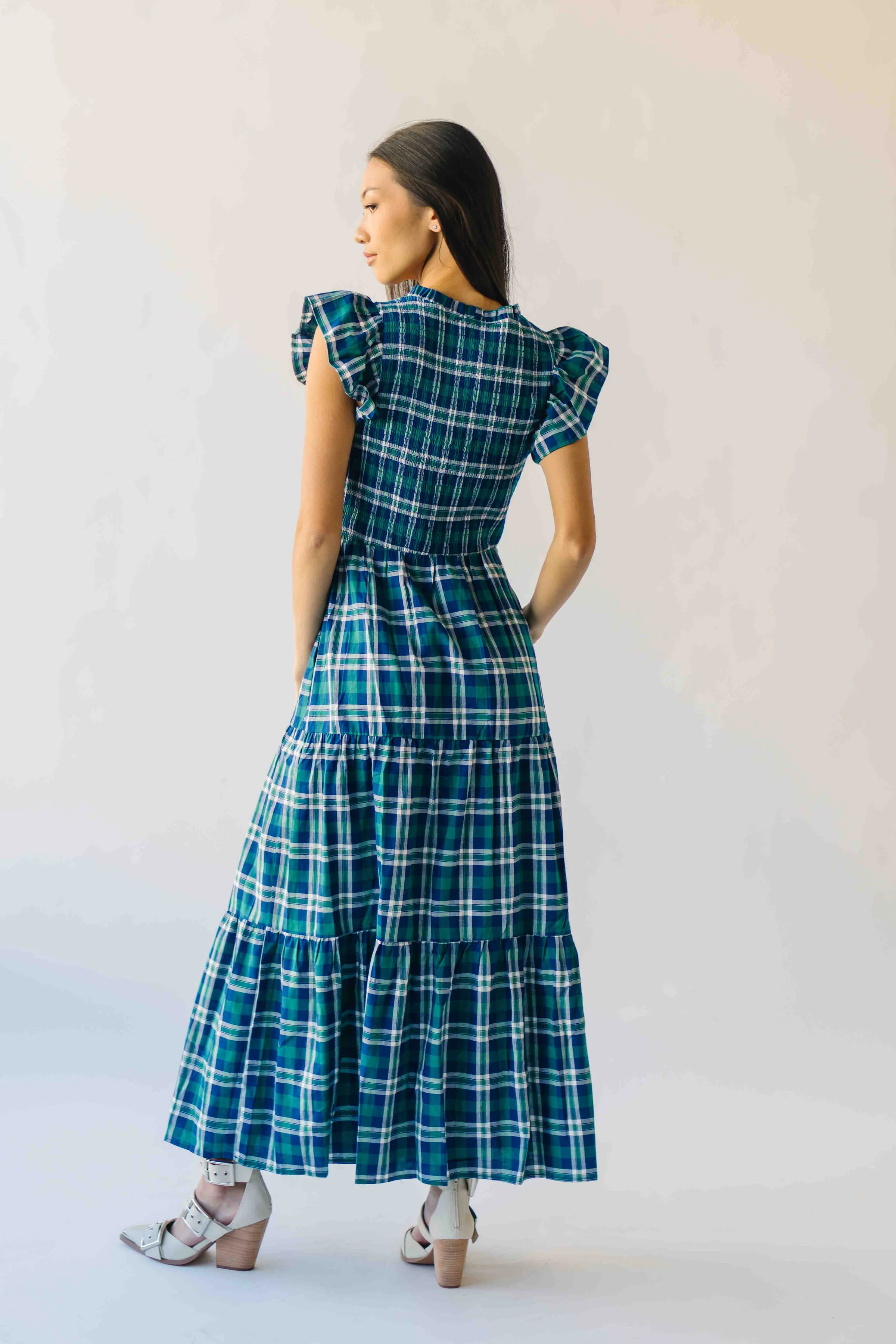 The Fenton Plaid Midi Dress in Navy + Green - Image 6