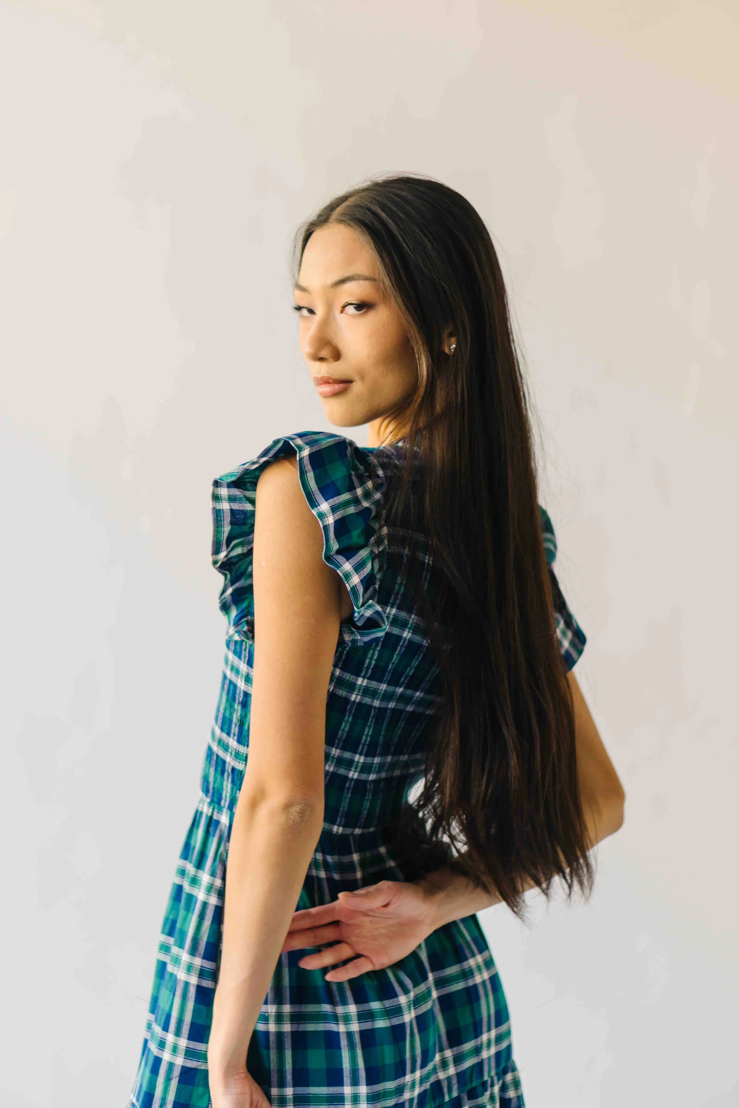 The Fenton Plaid Midi Dress in Navy + Green - Image 7
