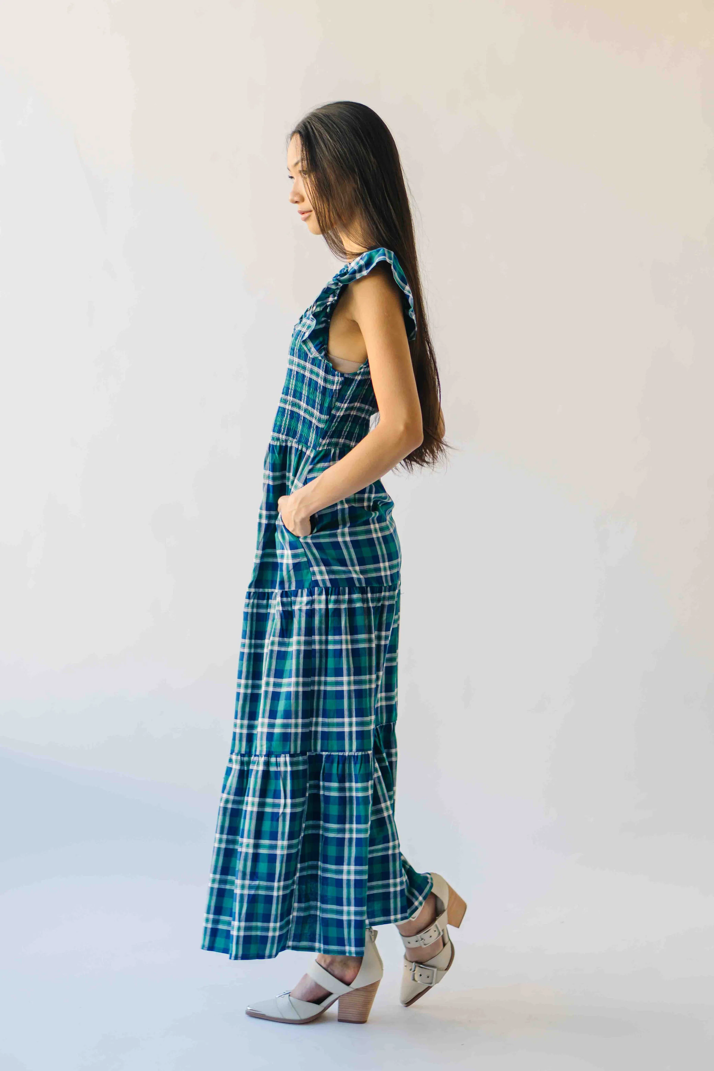 The Fenton Plaid Midi Dress in Navy + Green - Image 8