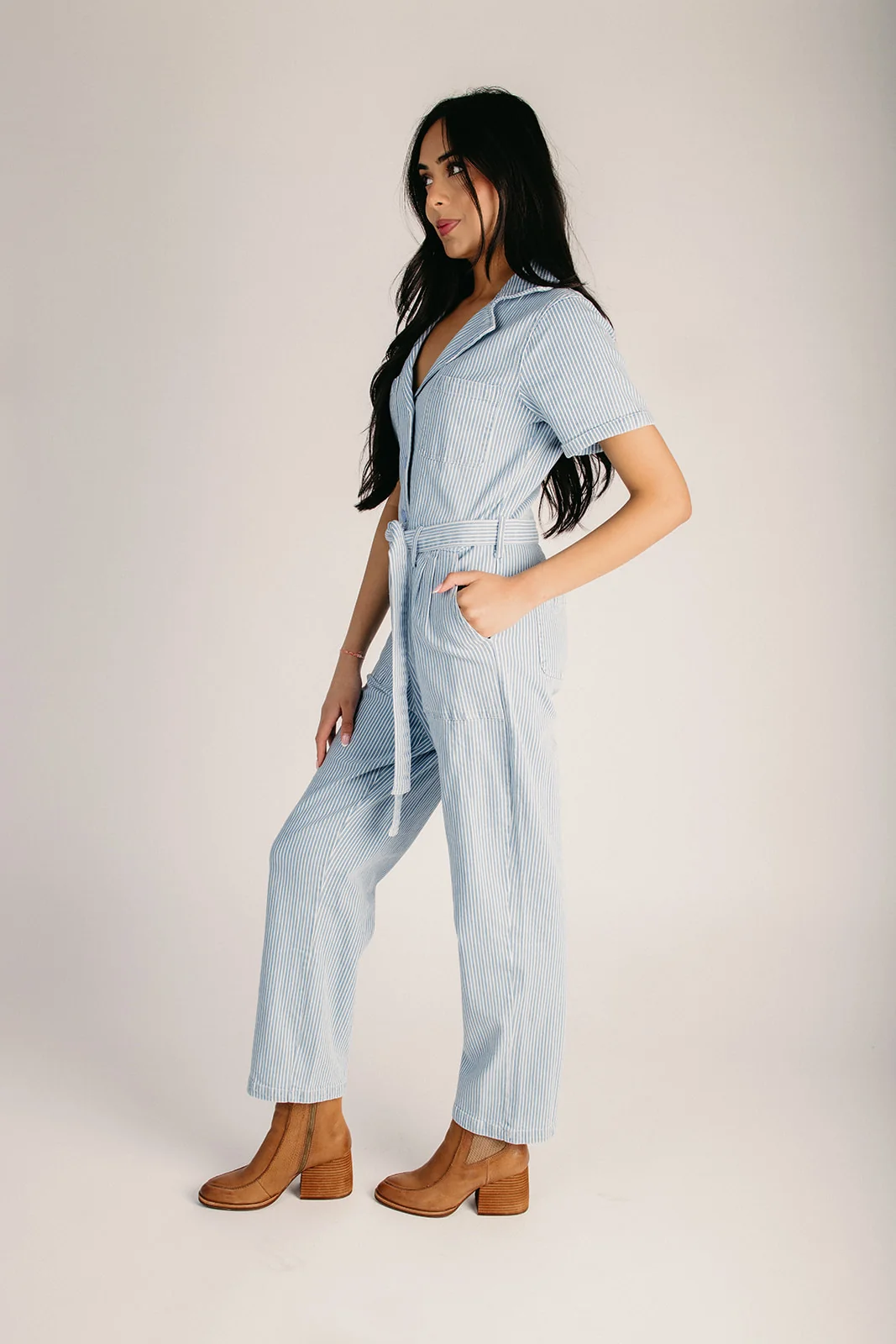 The Fleming Tie Denim Jumpsuit in Denim Stripe - Image 3