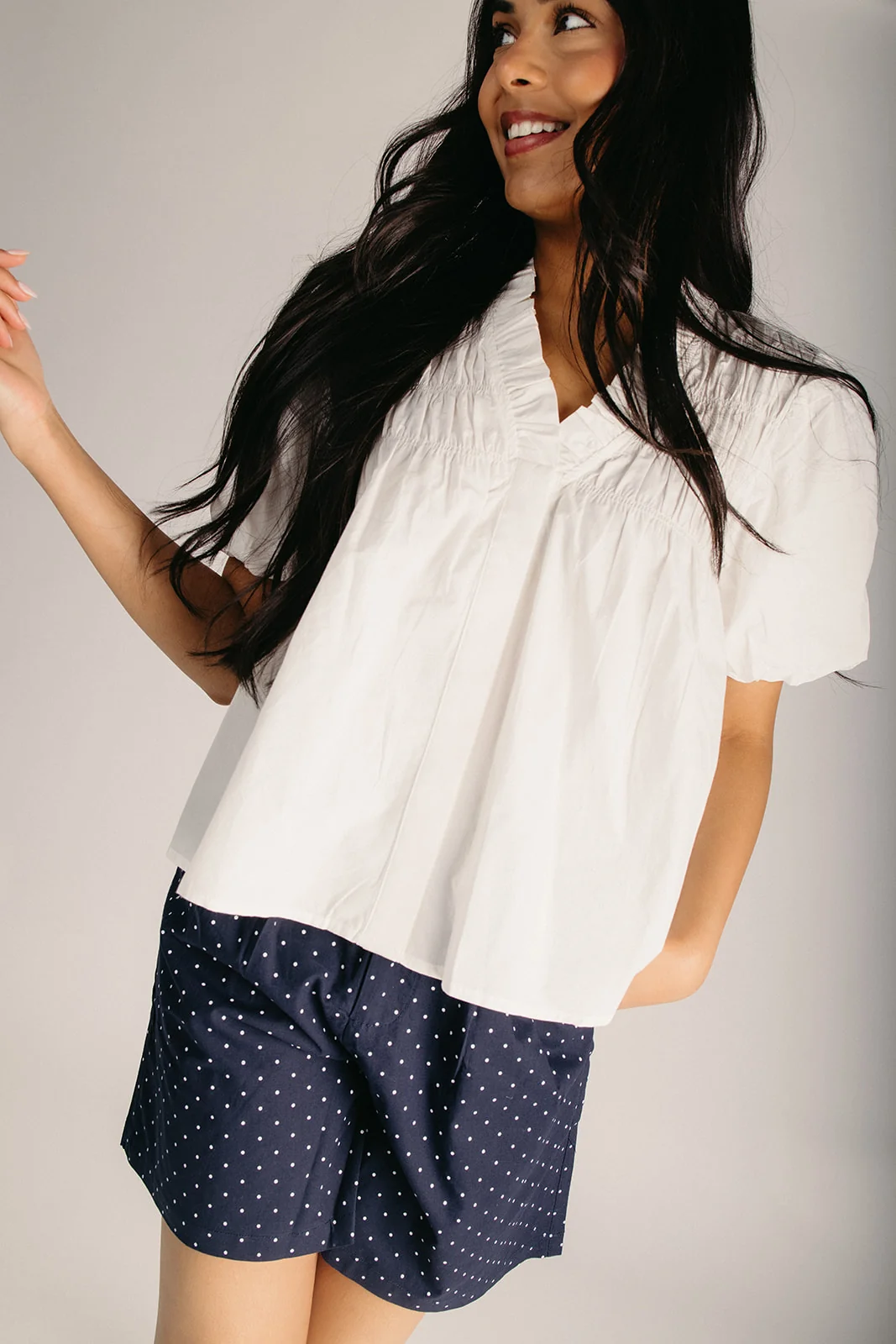 The Framingham Polka Dot Pleated Short in Ivory + Navy - Image 6