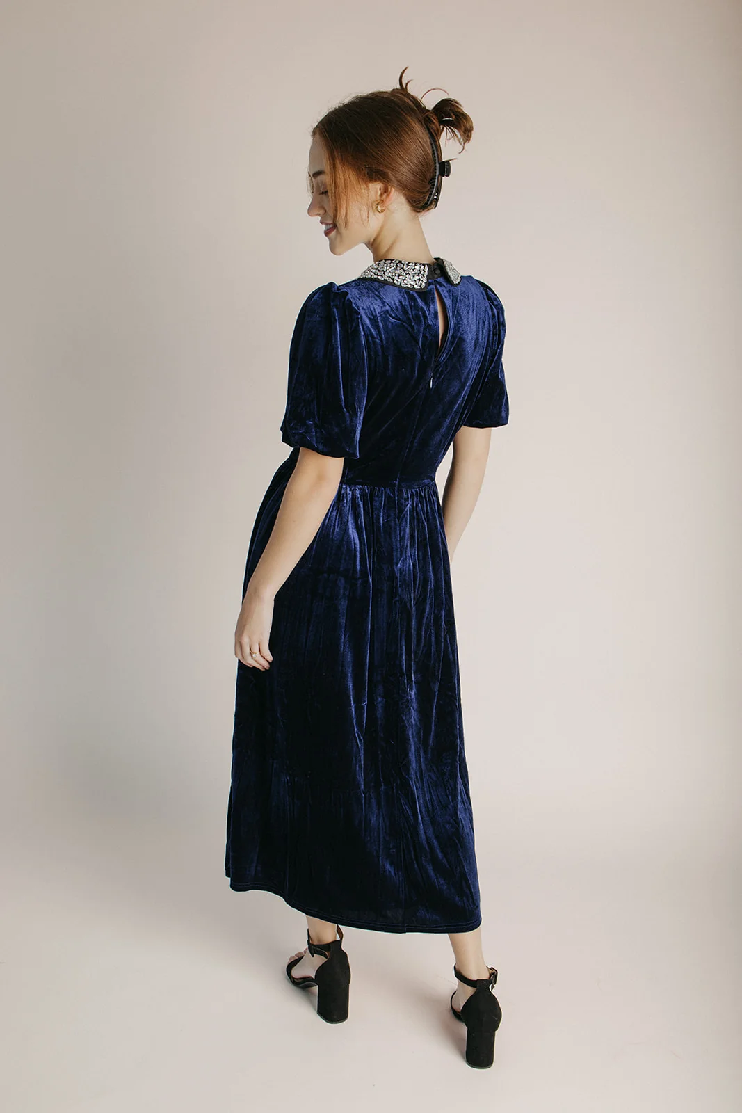 The Francie Rhinestone Velvet Midi Dress in Navy - Image 3