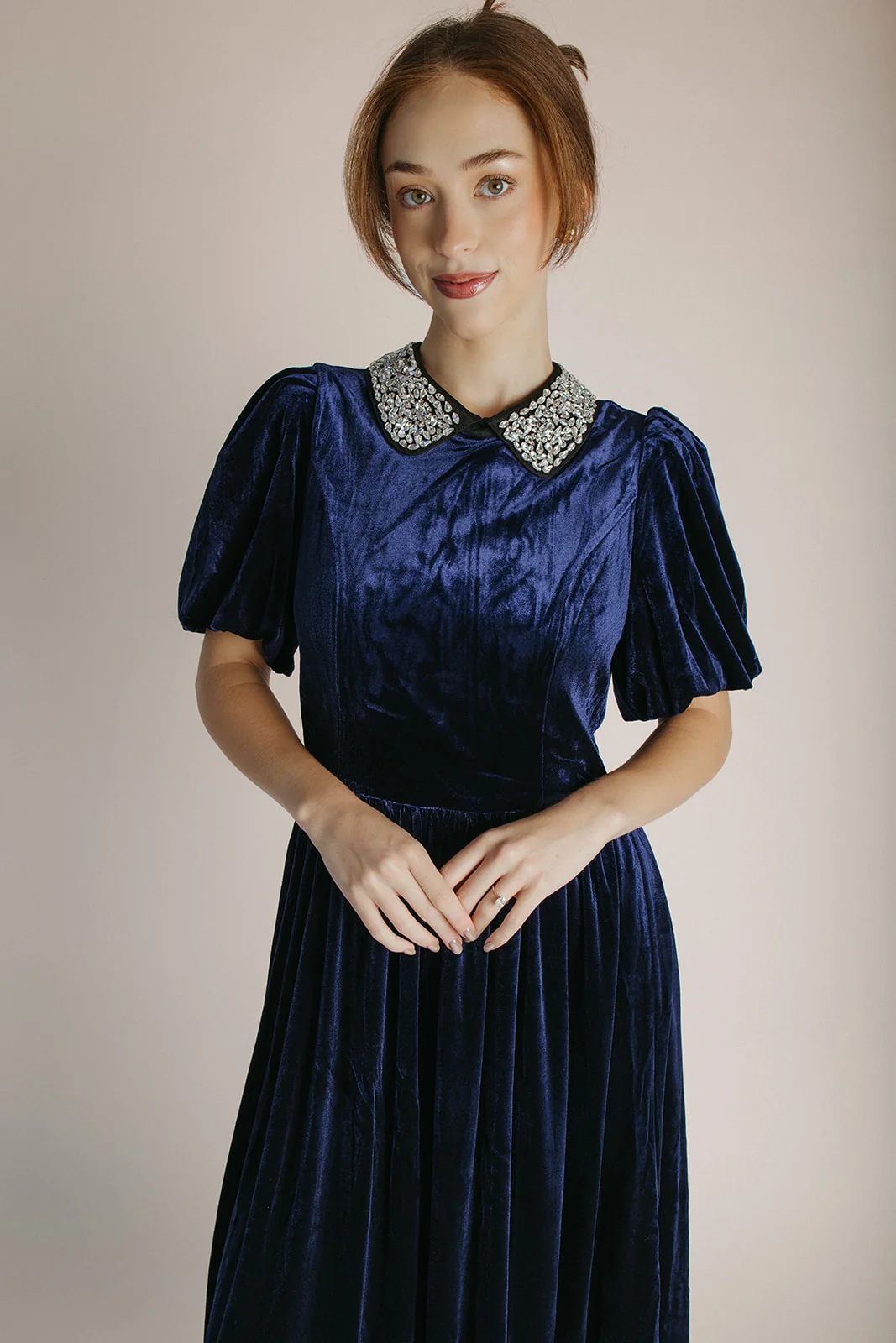 The Francie Rhinestone Velvet Midi Dress in Navy - Image 4