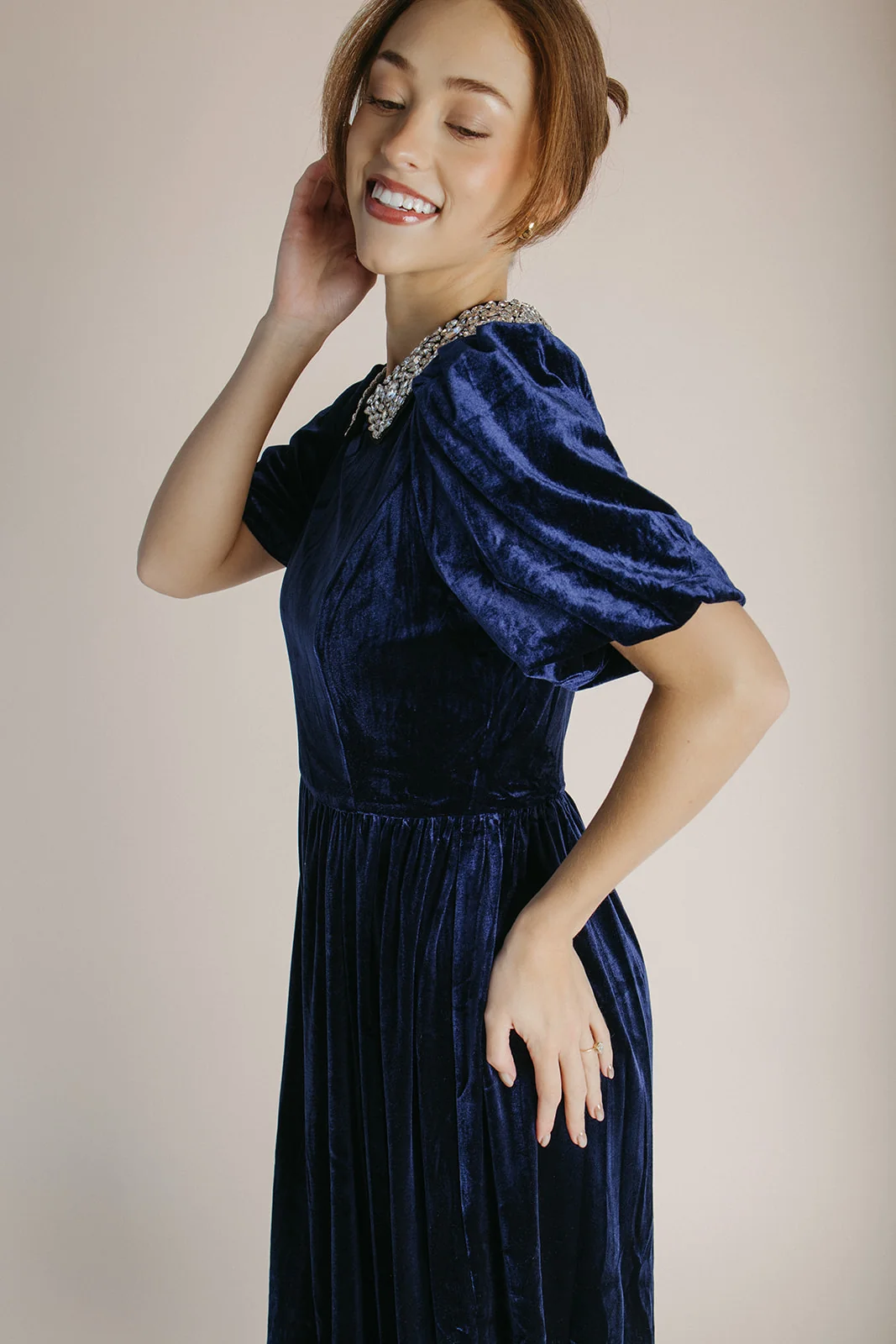 The Francie Rhinestone Velvet Midi Dress in Navy - Image 5